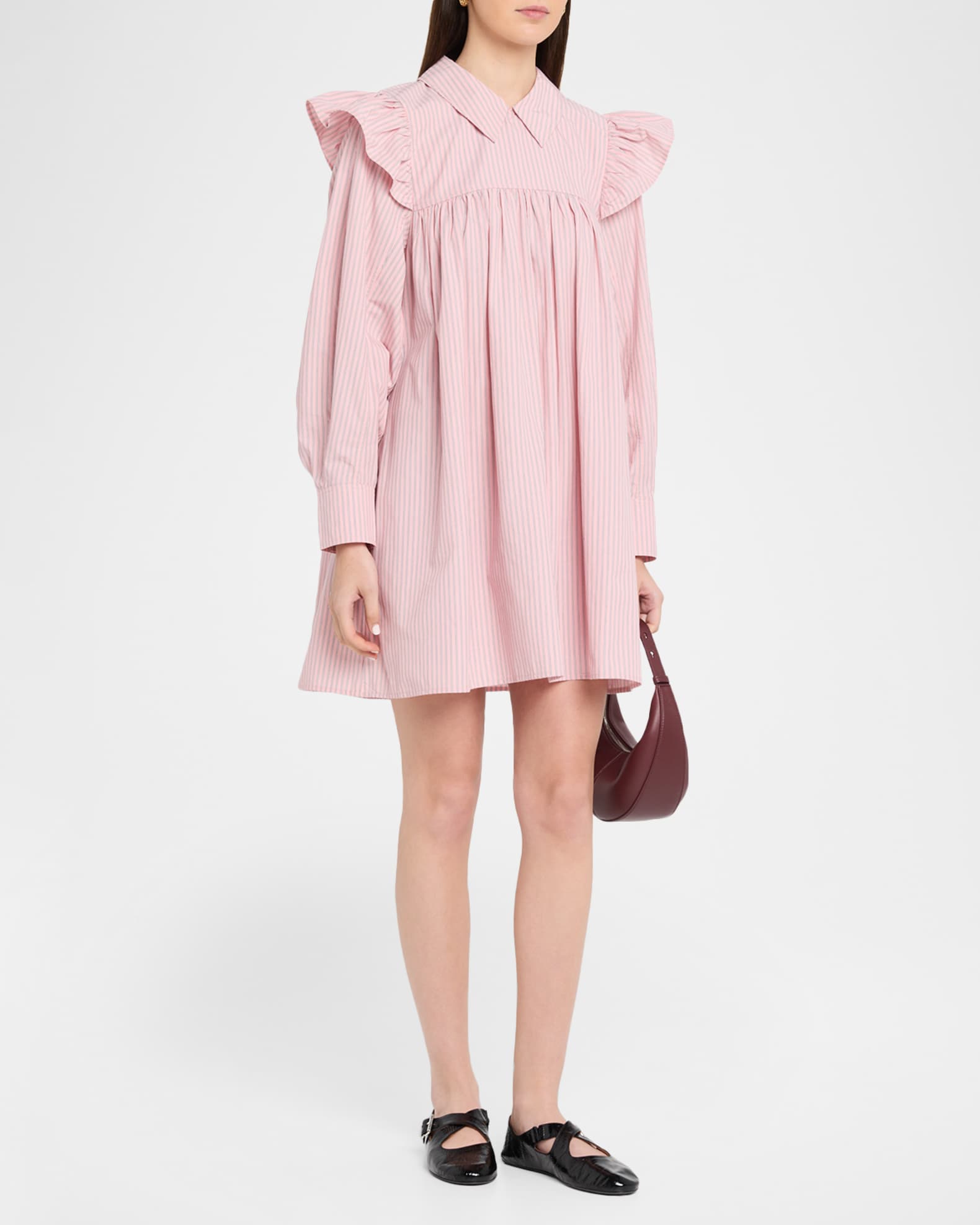 Ganni Oxford Stripe Long-Sleeve Mini Dress | Neiman Marcus