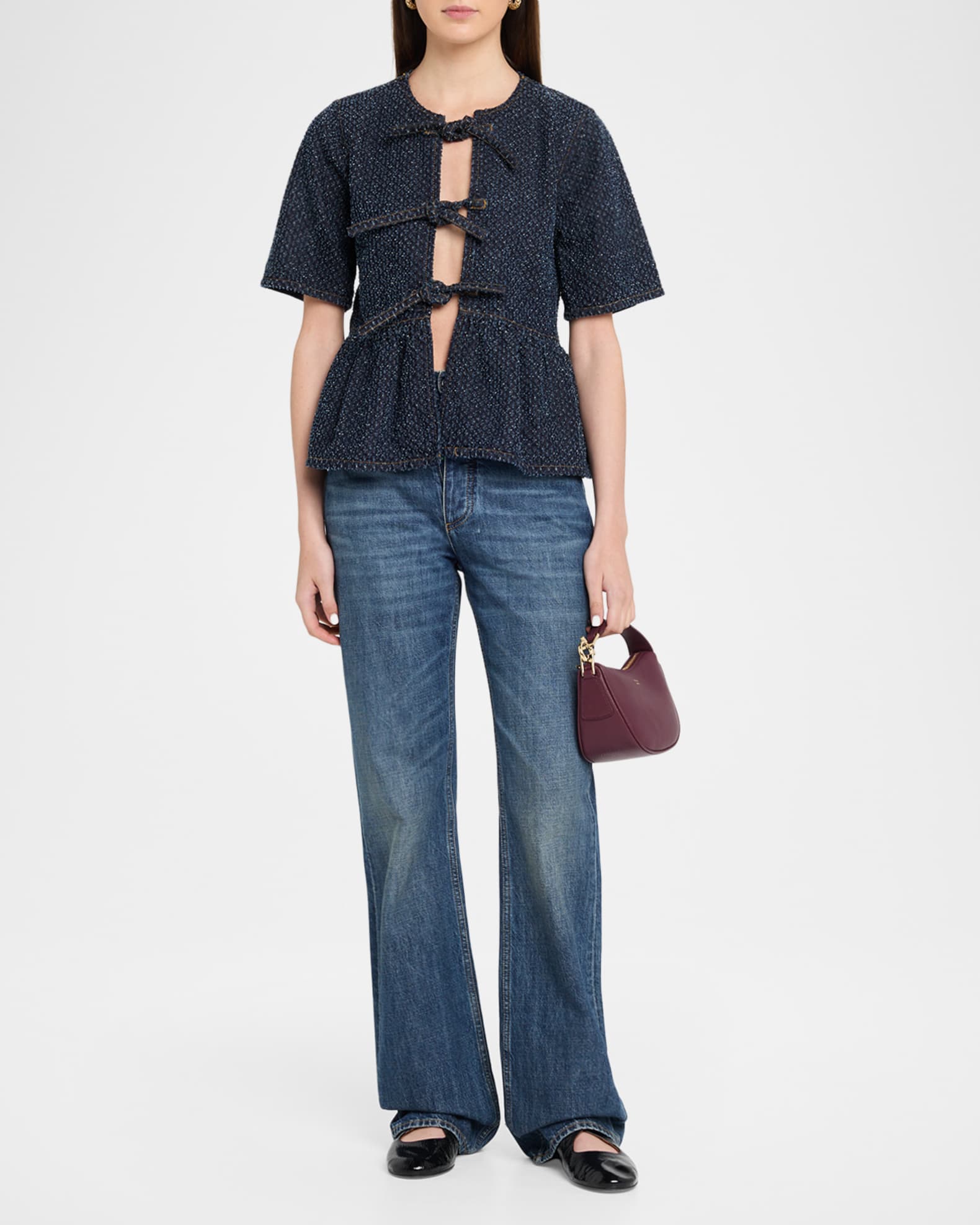 Ganni Tie-Front Tweed Denim Peplum Top | Neiman Marcus