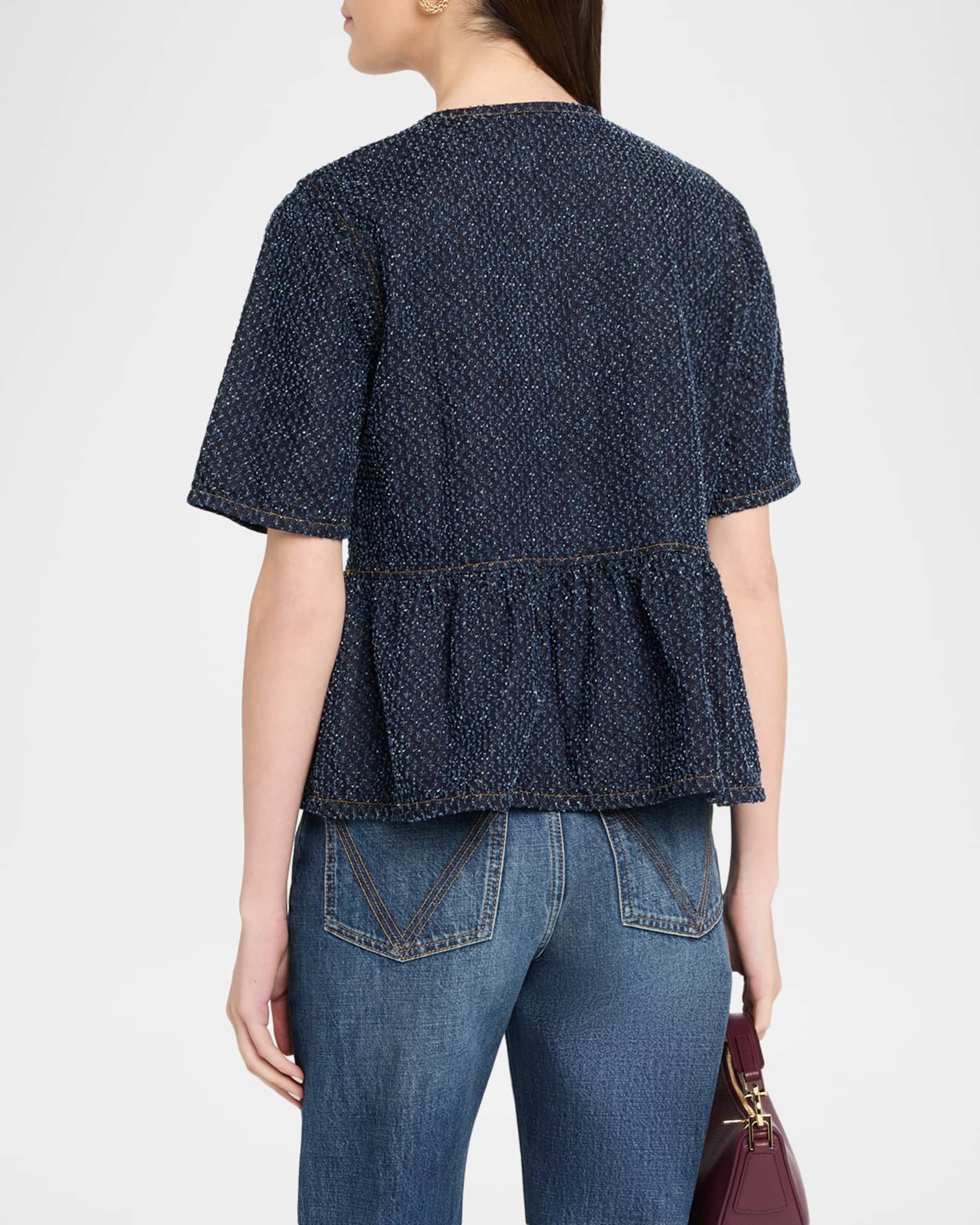 Ganni Tie-Front Tweed Denim Peplum Top | Neiman Marcus