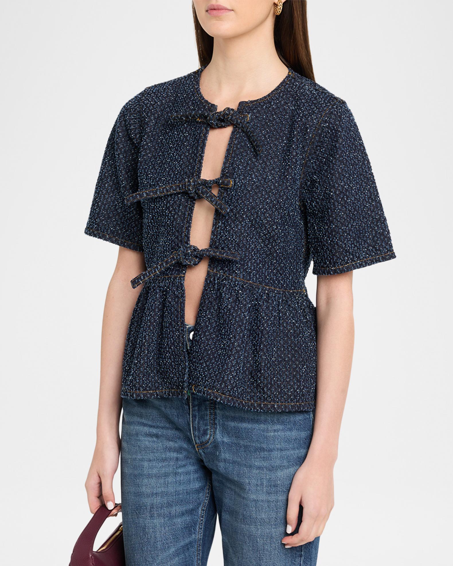 Ganni Tie-Front Tweed Denim Peplum Top | Neiman Marcus