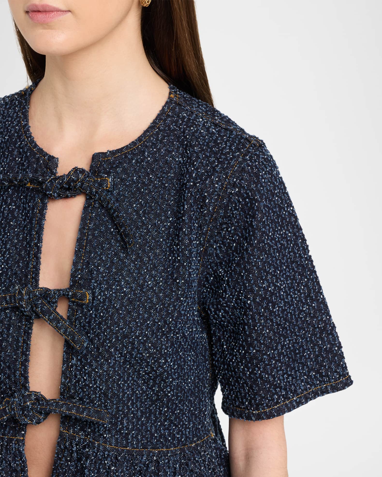 Ganni Tie-Front Tweed Denim Peplum Top | Neiman Marcus