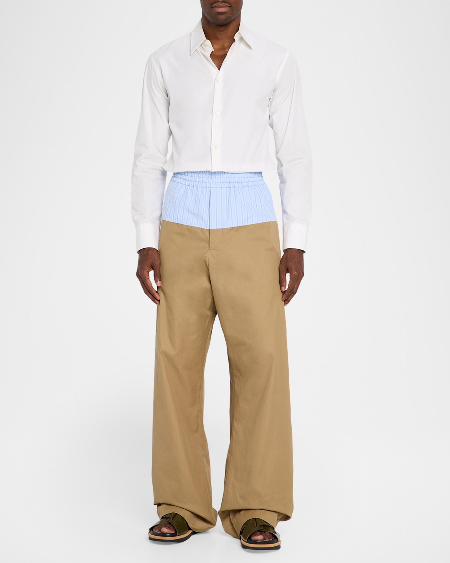 Dries Van Noten Men's Contrast-Waist Straight Cotton Pants