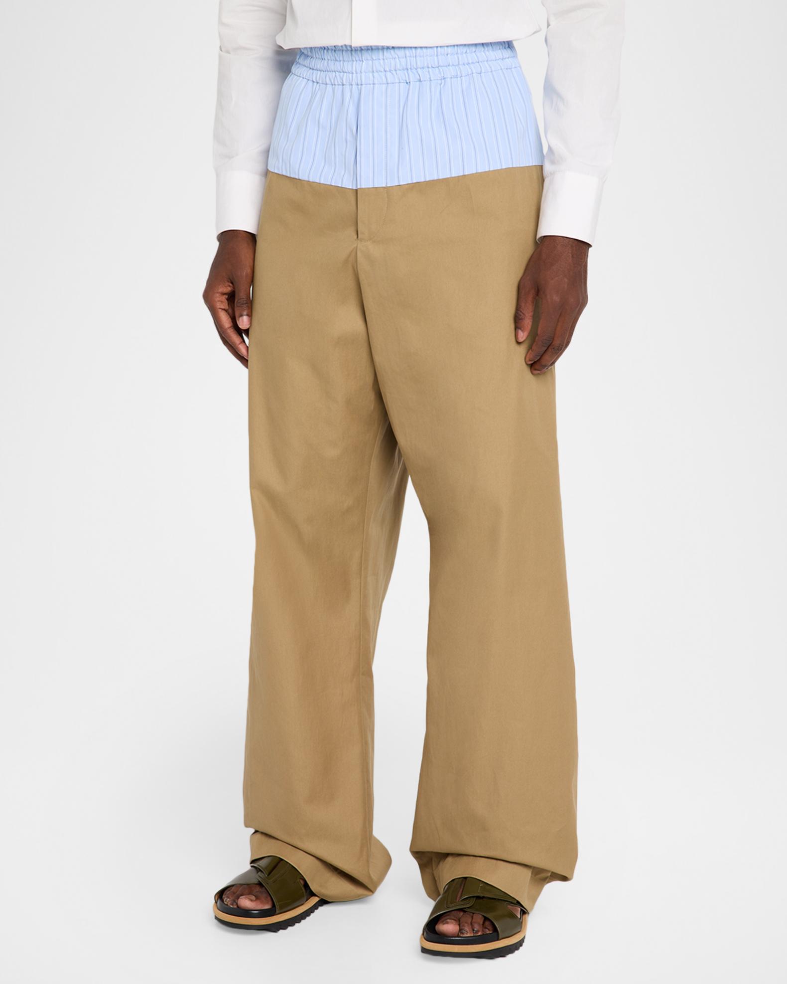 Dries Van Noten Men's Contrast-Waist Straight Cotton Pants