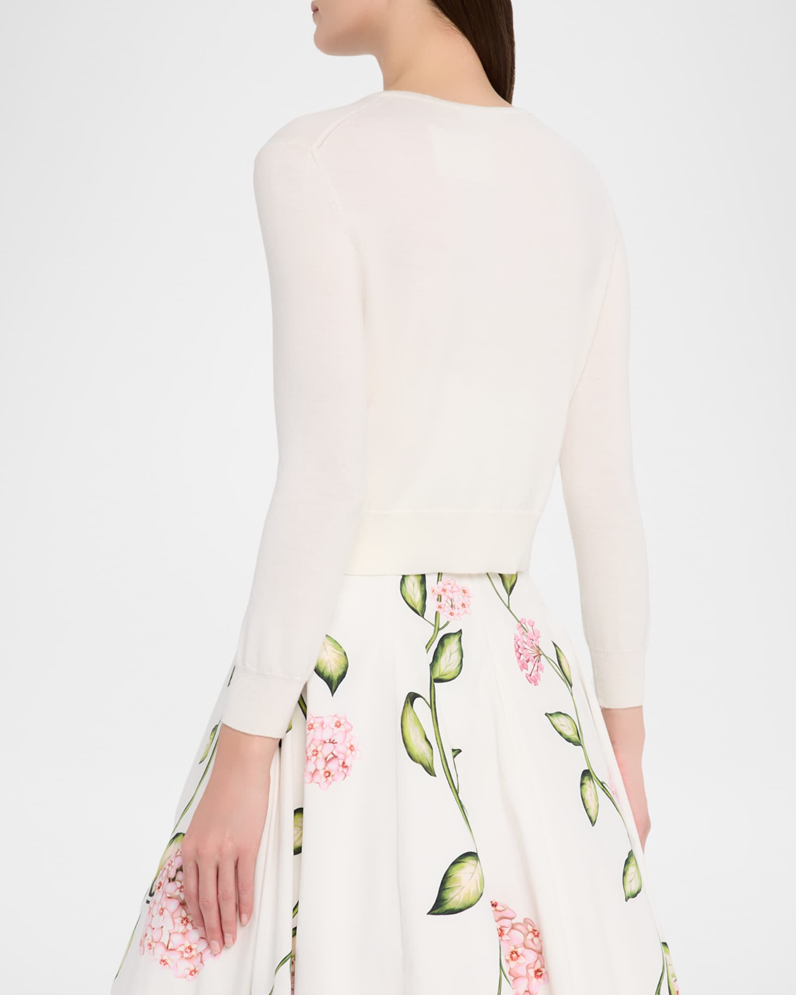 Oscar de la Renta Porcelain Flower Embroidered Crop Crewneck