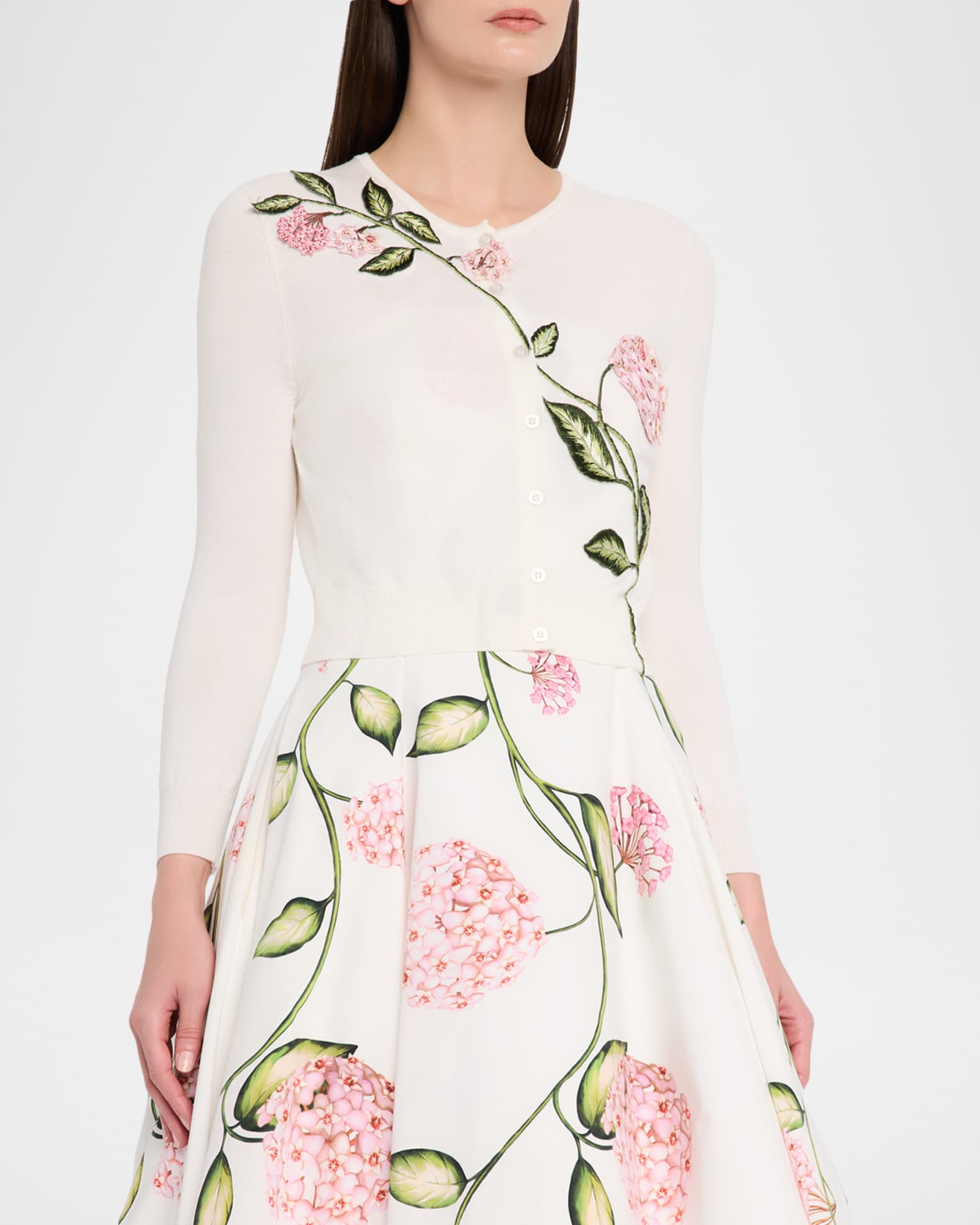 Oscar de la Renta Porcelain Flower Embroidered Crop Crewneck