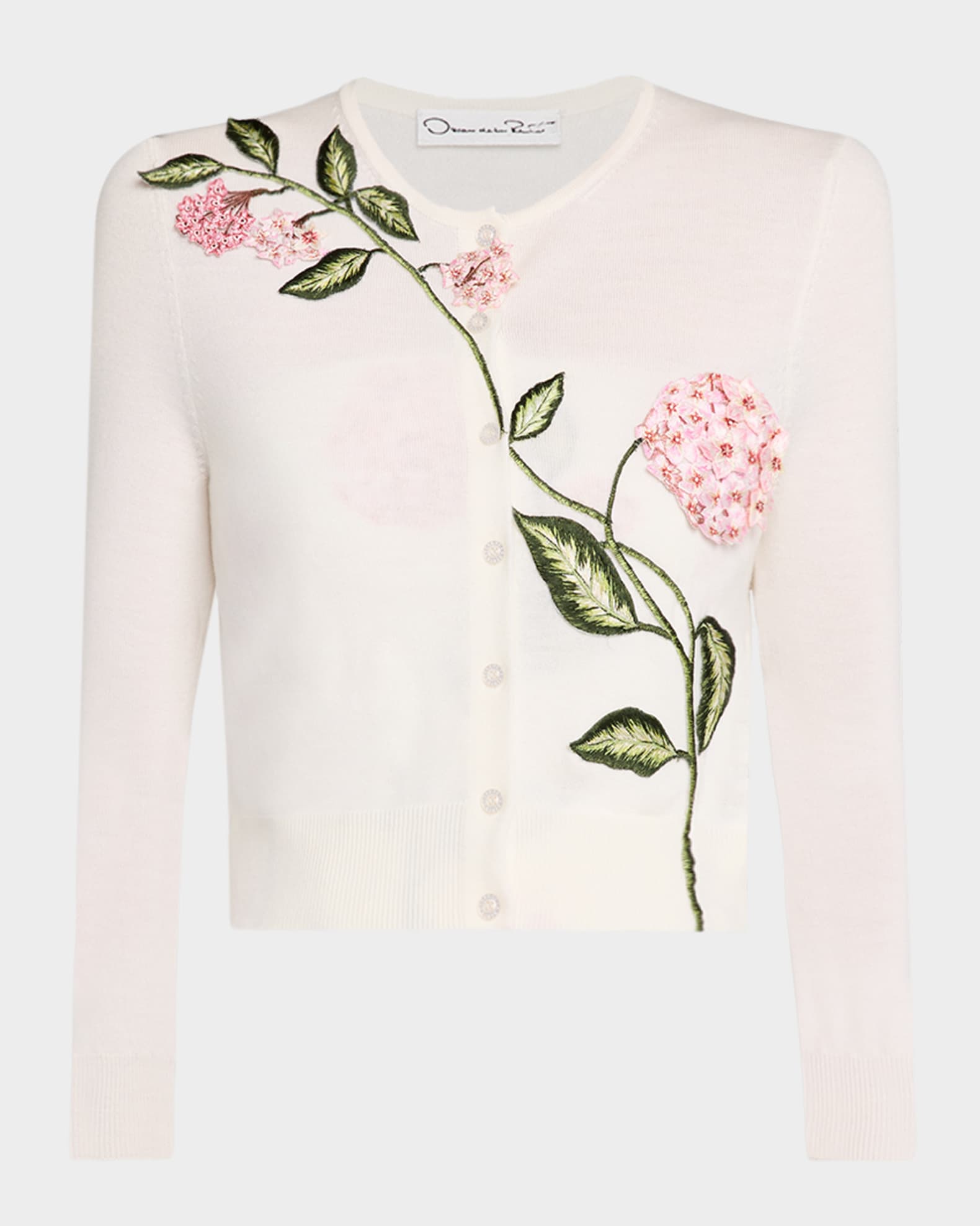 Oscar de la Renta Porcelain Flower Embroidered Crop Crewneck
