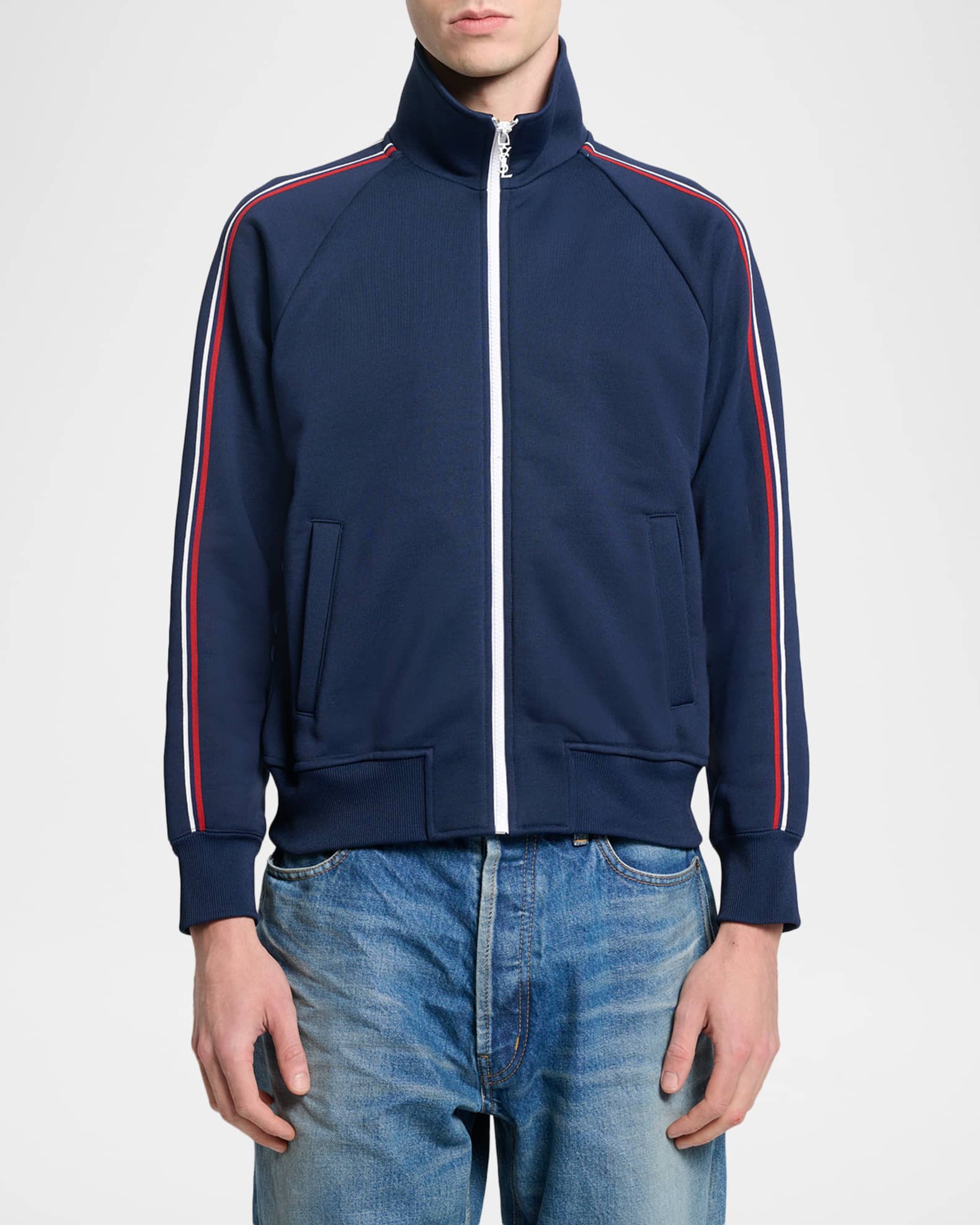 Saint Laurent Men's Piped Raglan-Sleeve Track Jacket | Neiman Marcus