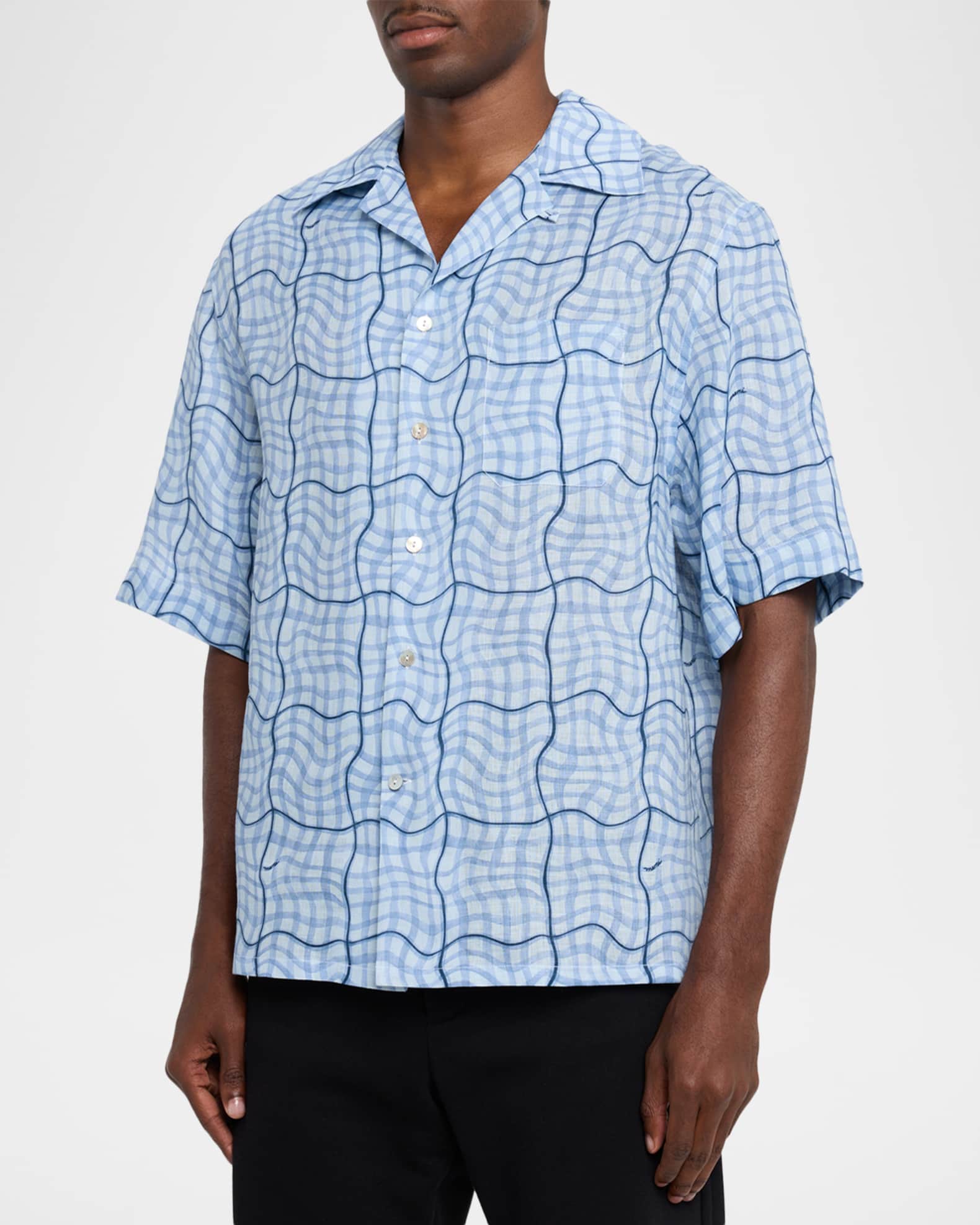 Marni Men's Linen Wavy Grid Plaid Short-Sleeve Shirt | Neiman Marcus
