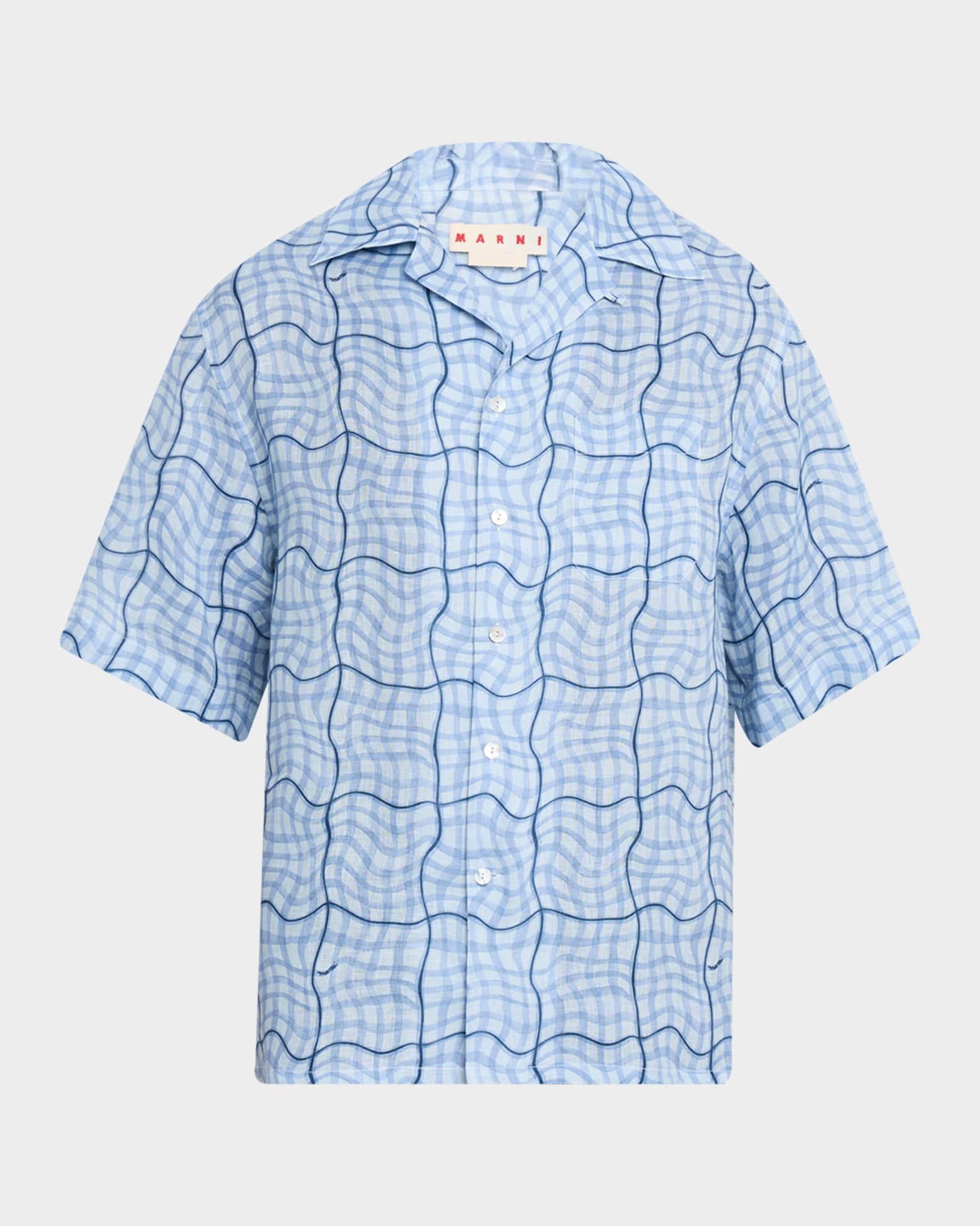 Marni Men's Linen Wavy Grid Plaid Short-Sleeve Shirt | Neiman Marcus