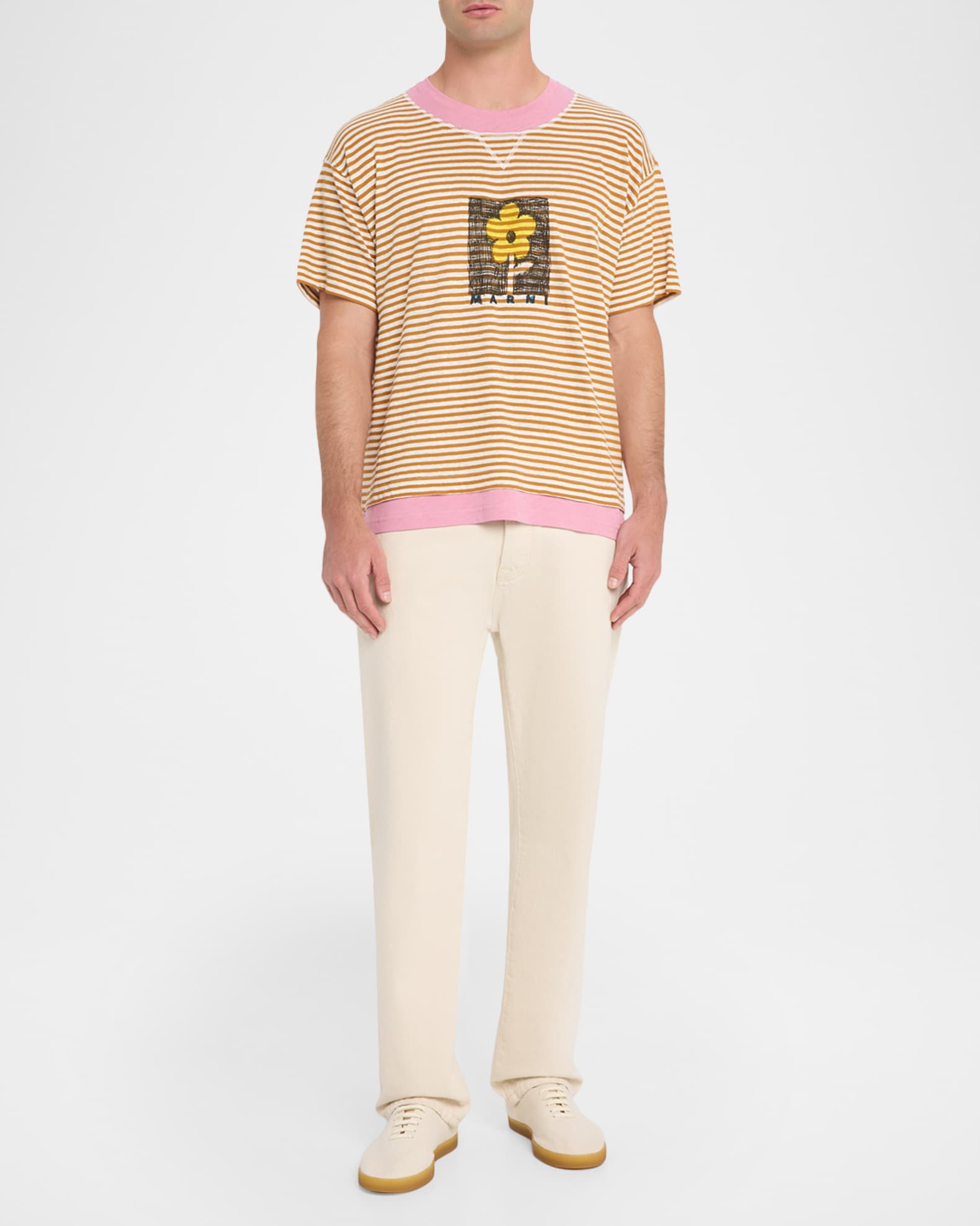 Marni Men's Floral Sketch Layered Stripe T-Shirt | Neiman Marcus