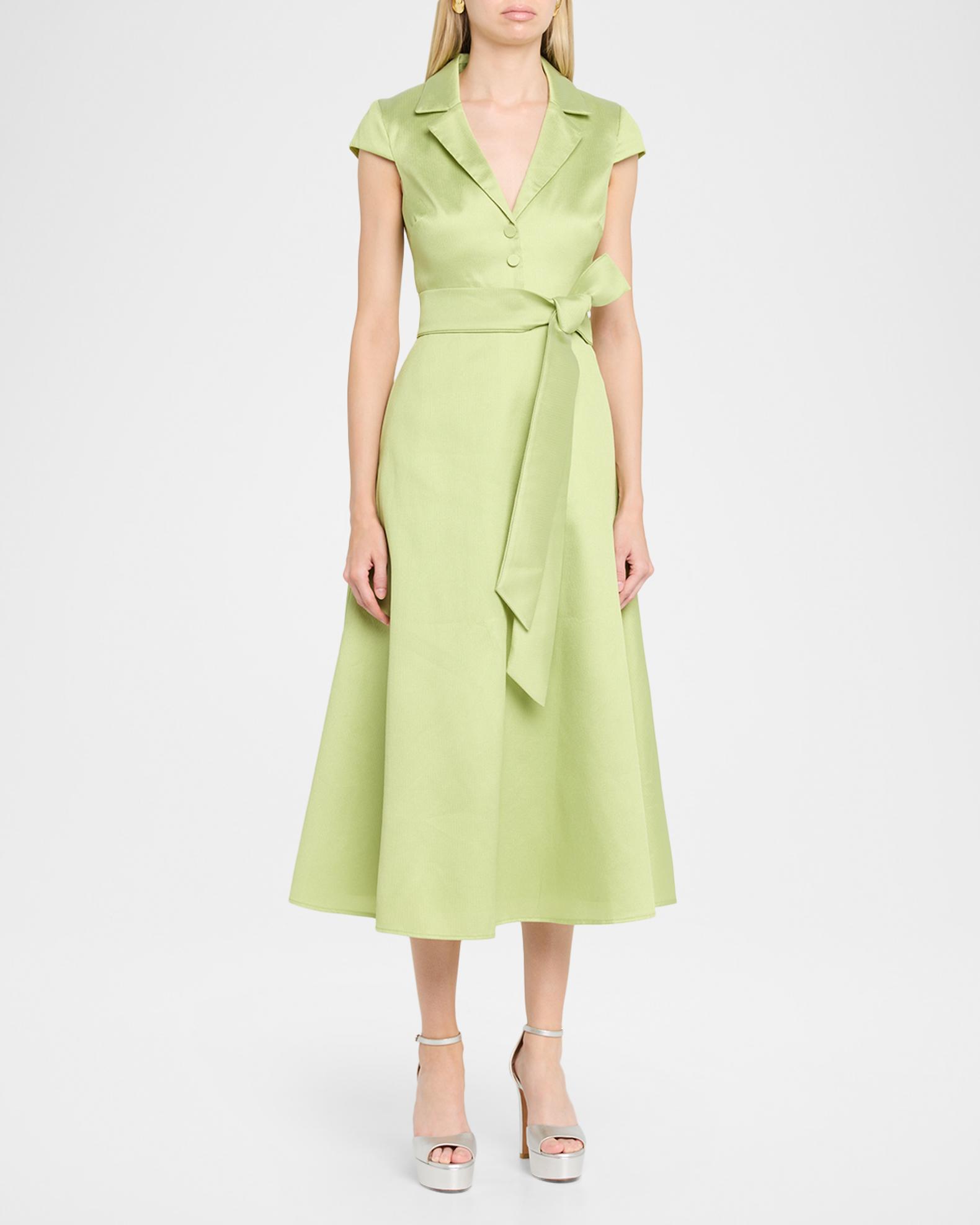 Badgley Mischka Belted Cap-Sleeve Pebble Gazar Midi Shirtdress