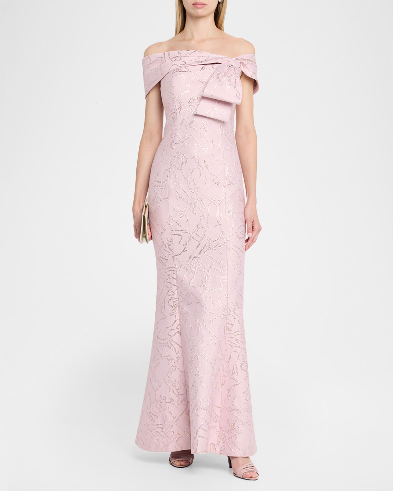 Rickie Freeman for Teri Jon Metallic Jacquard Off-Shoulder Column 