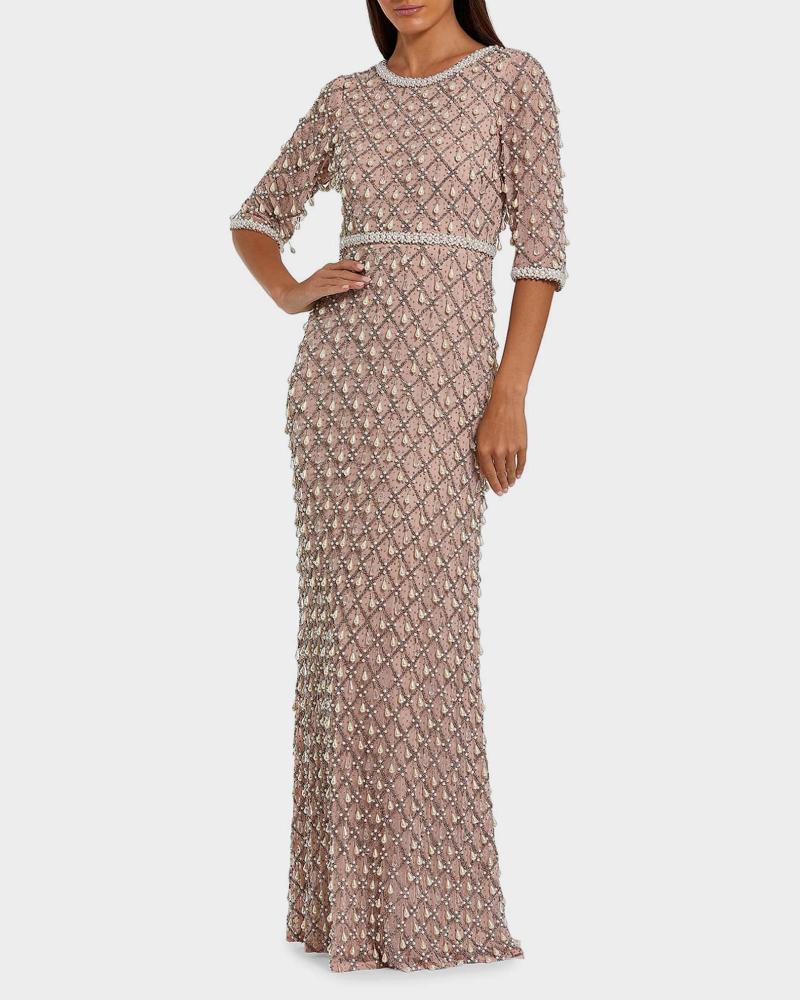 formal gown mac duggal dresses on sale Beige Floral Embroidered Evening Gown main image 0