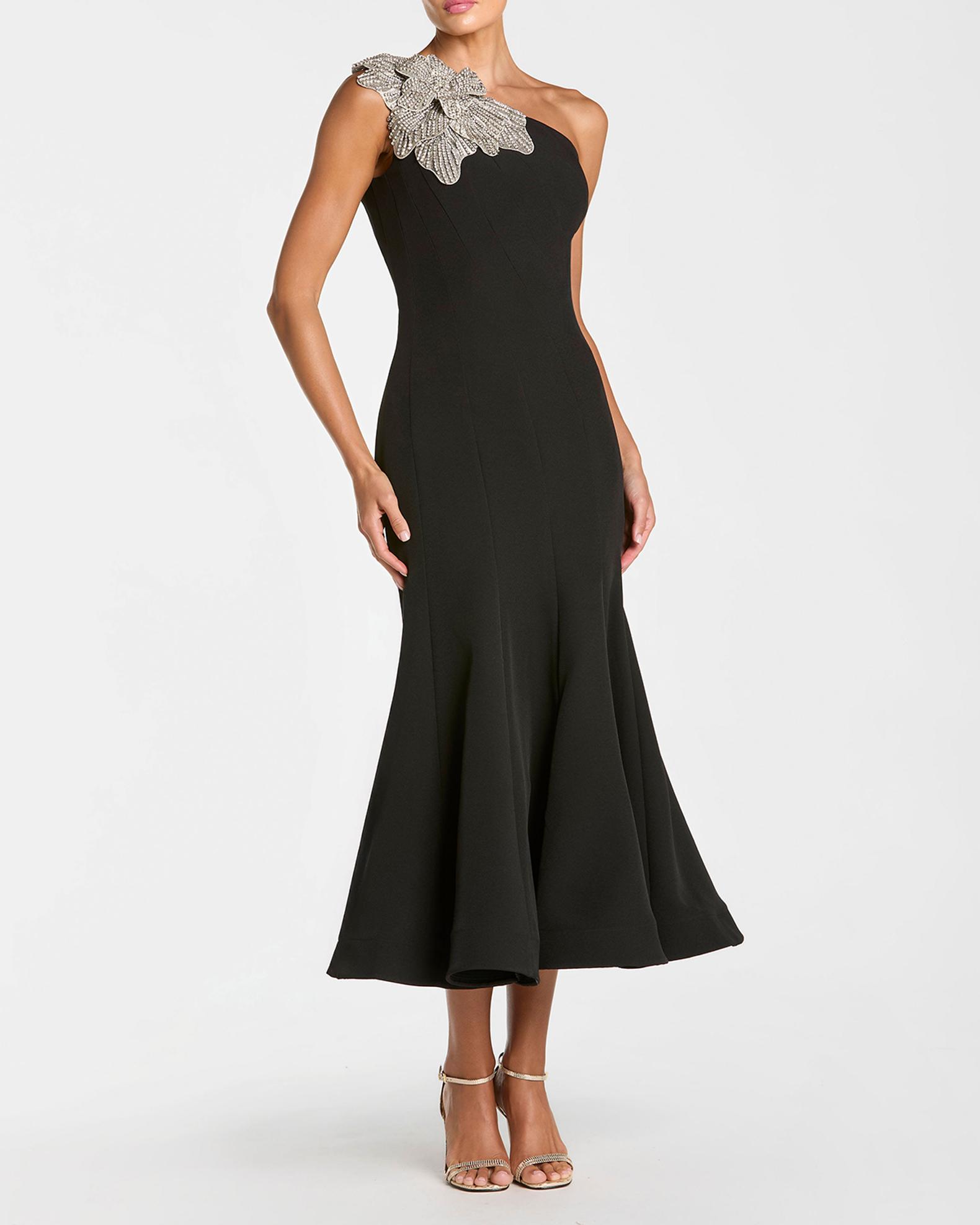 mac duggal one-shoulder asymmetrical midi cape dress One Shoulder Cape Sleeve Embellished Dress  Mac Duggal