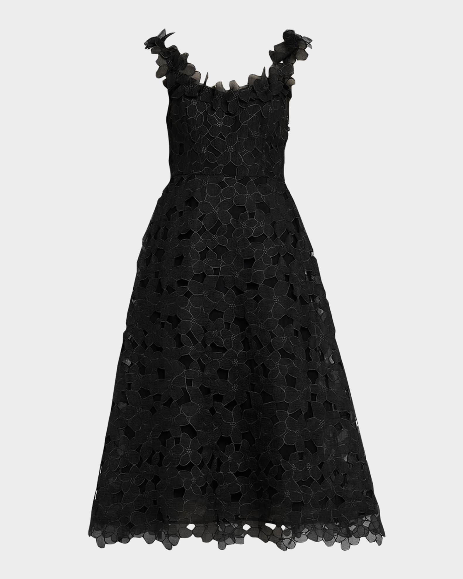 Teri Jon By Rickie Freeman Women's 3D Floral Organza Lace A-Line Midi-Dress - Black Multi - Size 4