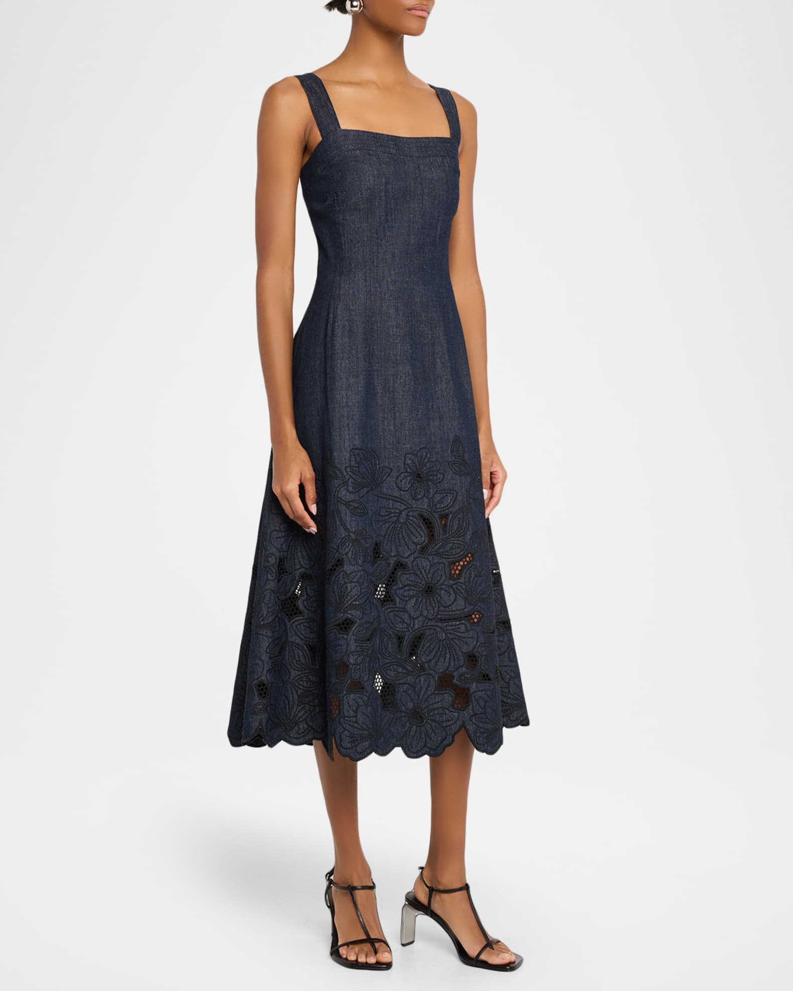 Veronica Beard Rosaura Floral-Embroidered Denim Midi Dress | Neiman Marcus