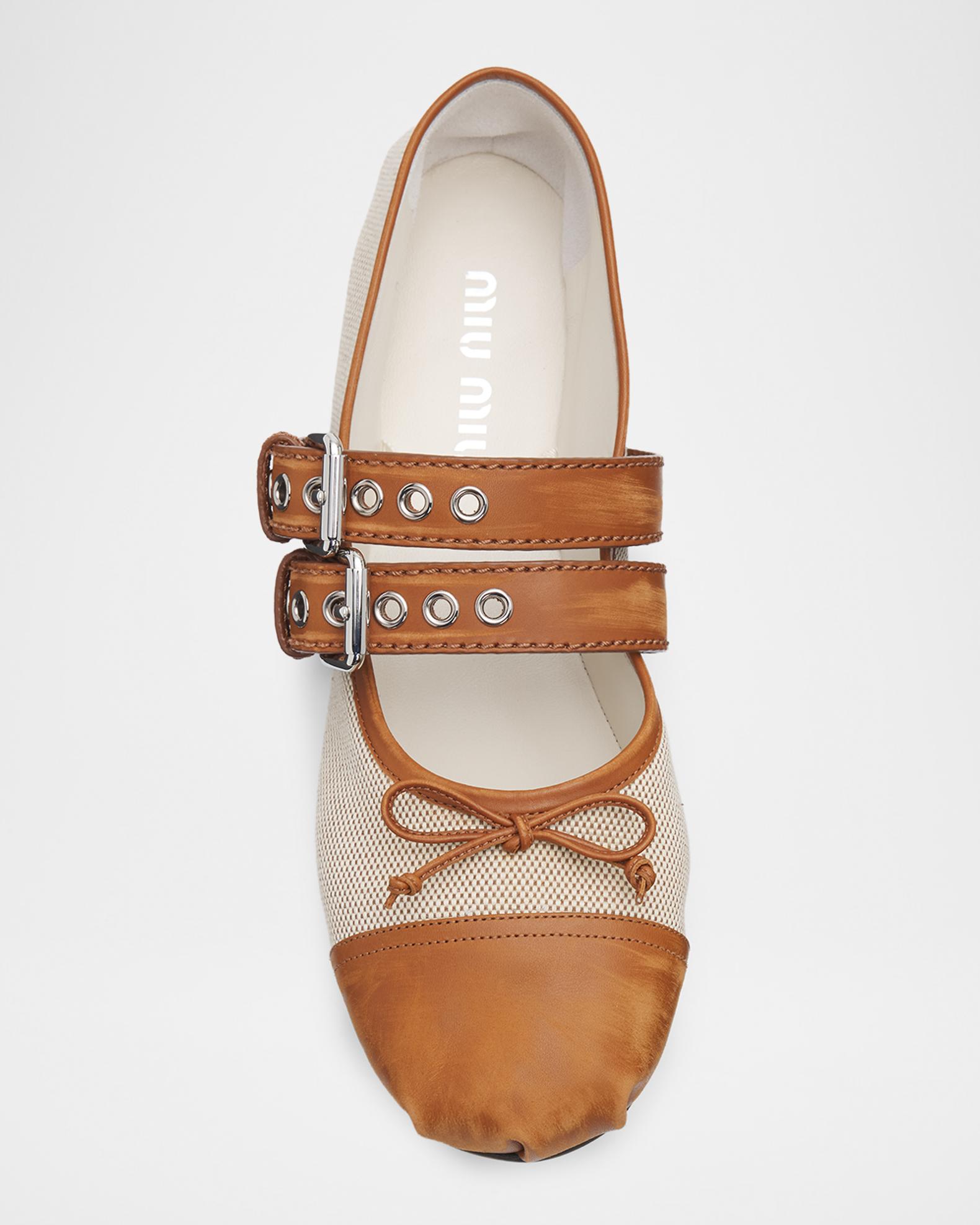 Miu Miu Canvas Leather-Strap Ballerina Flats | Neiman Marcus