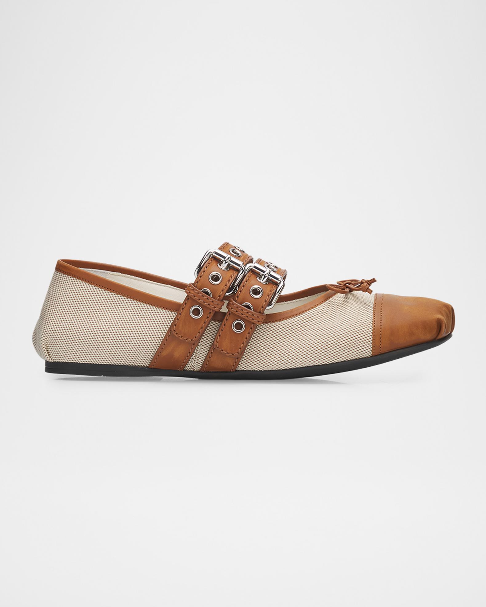 Miu Miu Canvas Leather-Strap Ballerina Flats | Neiman Marcus
