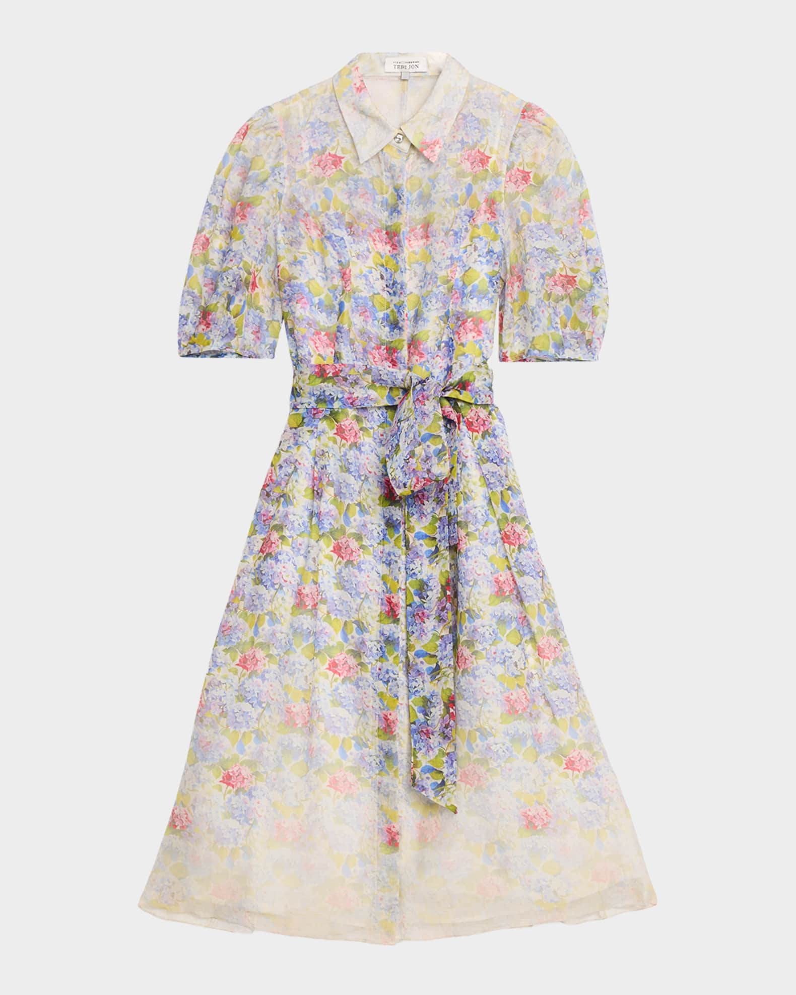 Rickie Freeman for Teri Jon Silk Linen Print Puff-Sleeve Shirtwaist Dress |  Neiman Marcus