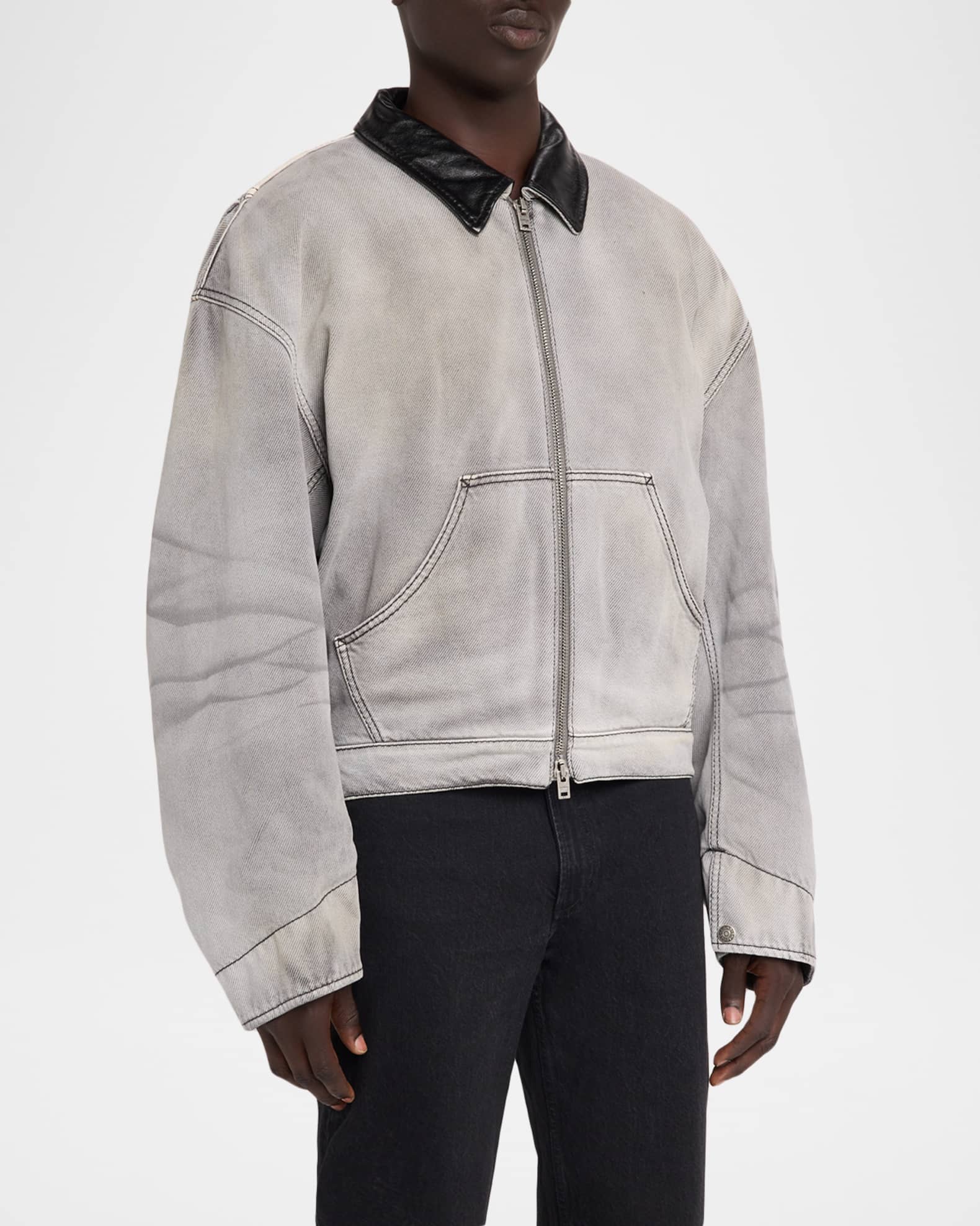 Acne Studios Men's Ohniev Faded Denim Leather-Collar Bomber Jacket