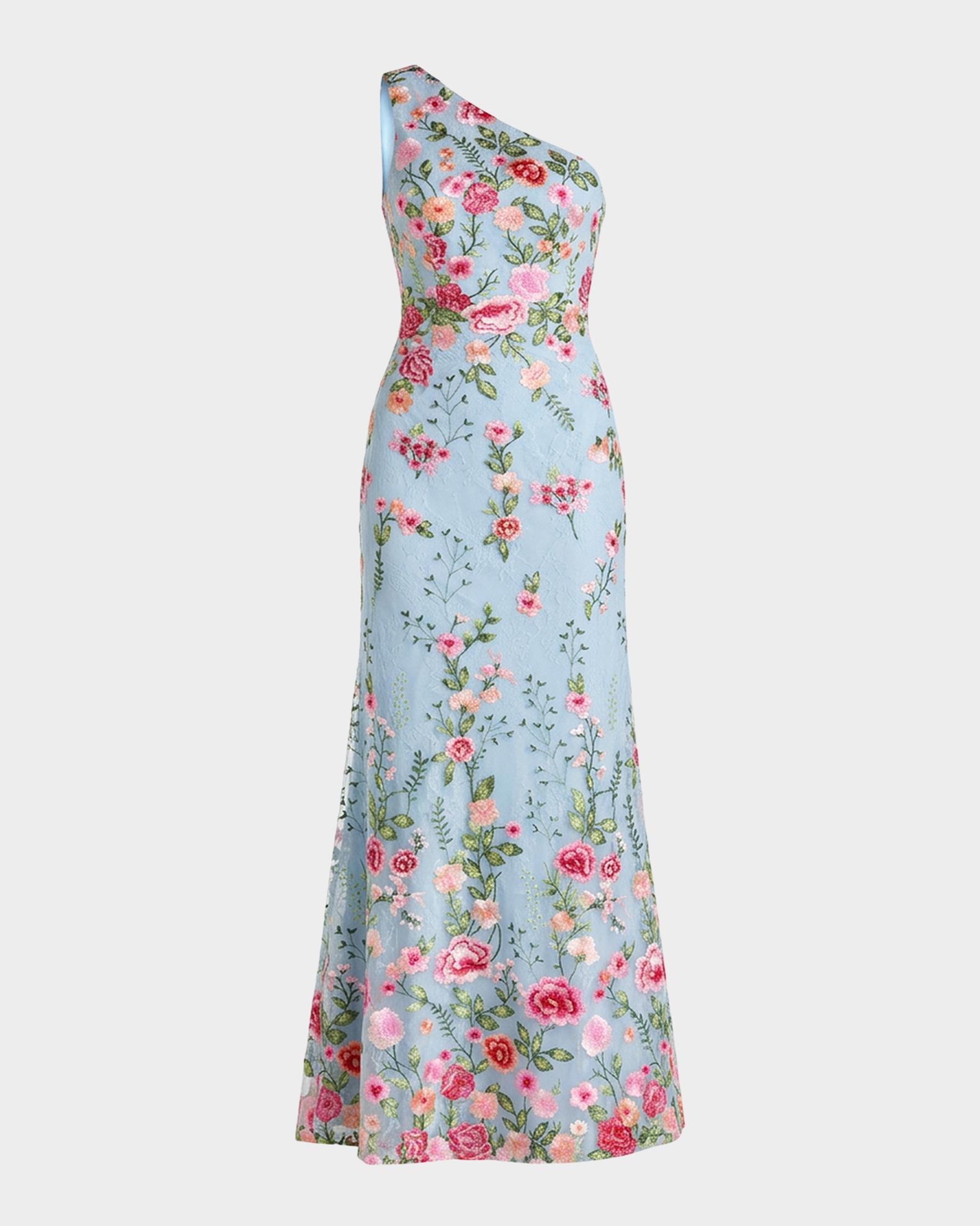 mac duggal one-shoulder embroidered maxi dress Beige Floral Embroidered Evening Gown