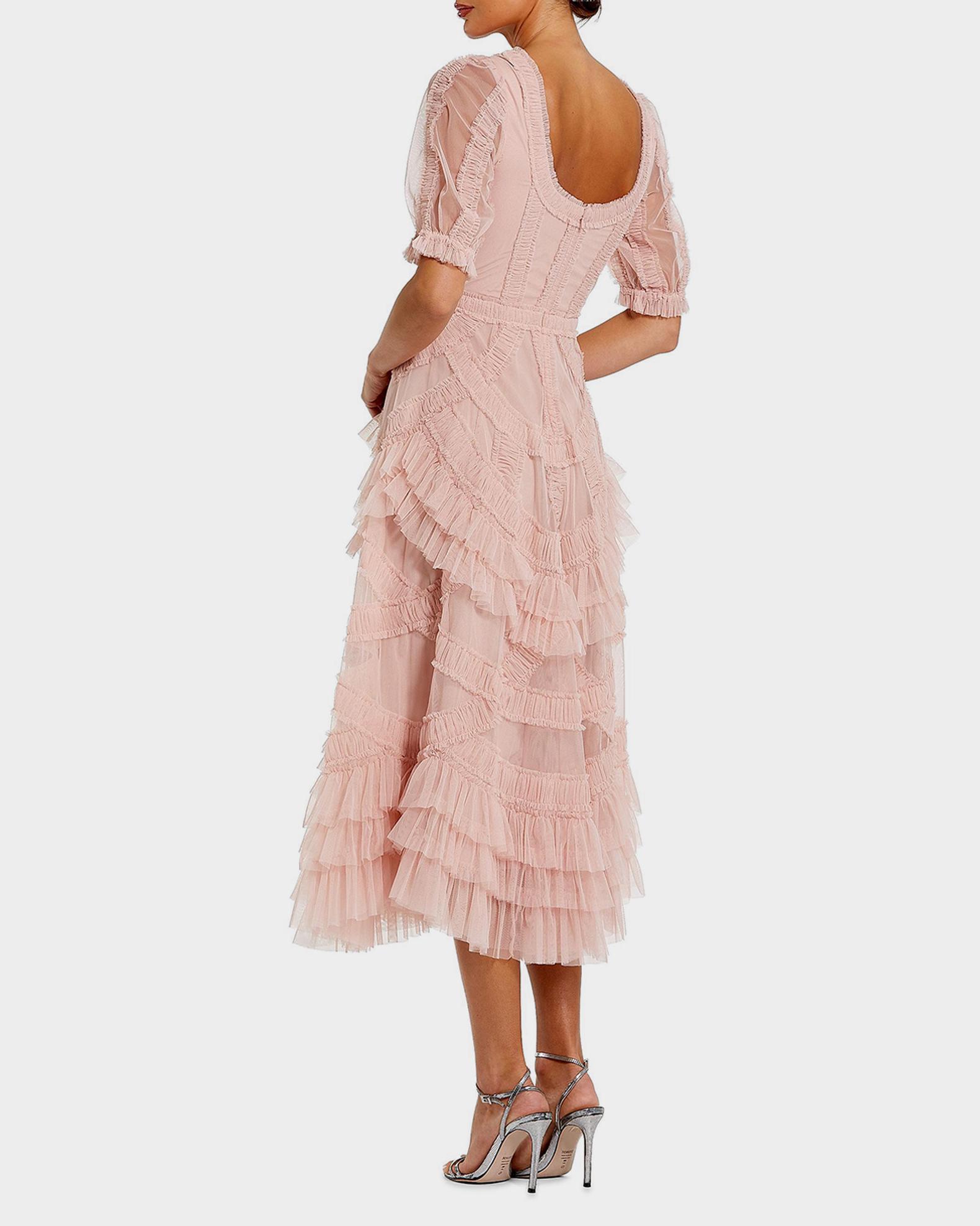 Mac Duggal Mesh Ruffled Scoopneck Midi-Dress | Neiman Marcus