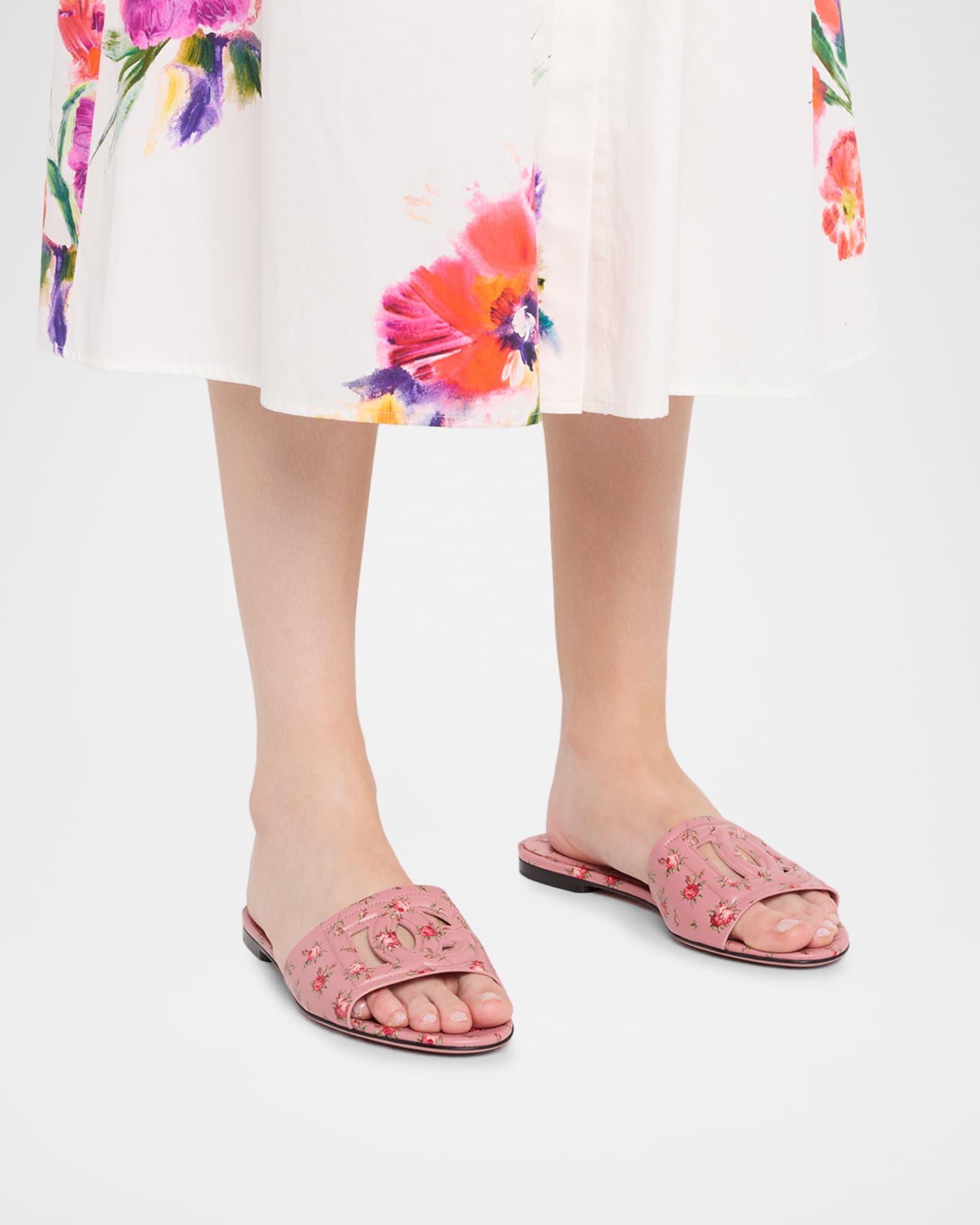 Dolce&Gabbana DG Interlock Floral-Printed Leather Slide Sandals