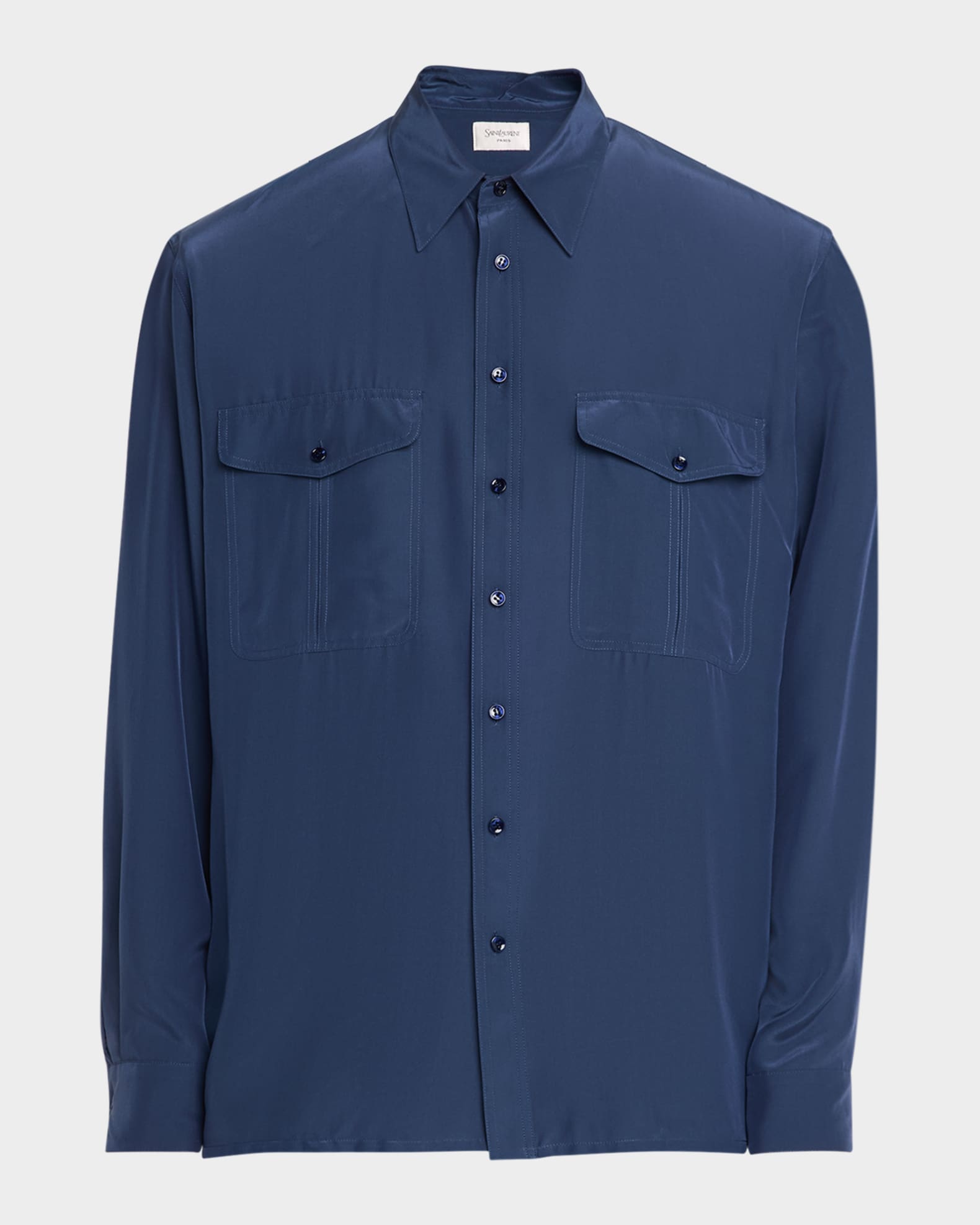 トップス SAINT LAURENT double cuffs silk shirt 39 Saint Laurent Men's Viscose and Silk Double-Pocket Button-Down