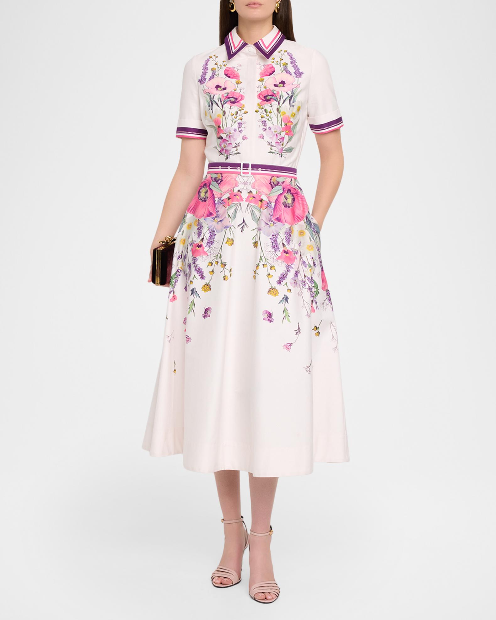 Rickie Freeman for Teri Jon Belted Floral-Print Cotton Midi Shirtdress ...