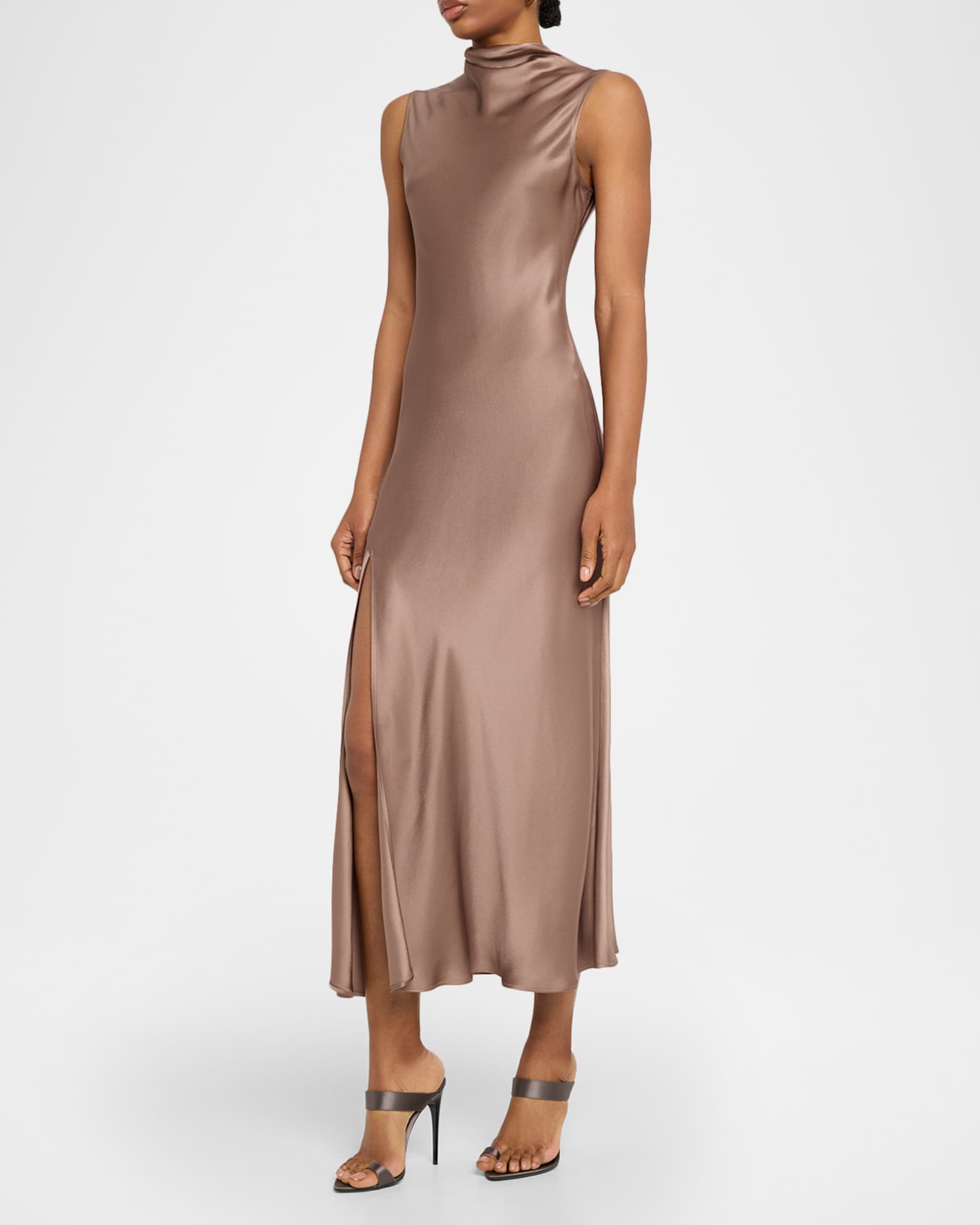knee length dresses for ladies Sapphire Satin Front Slit Sleeveless Midi Slip Dress main image 1