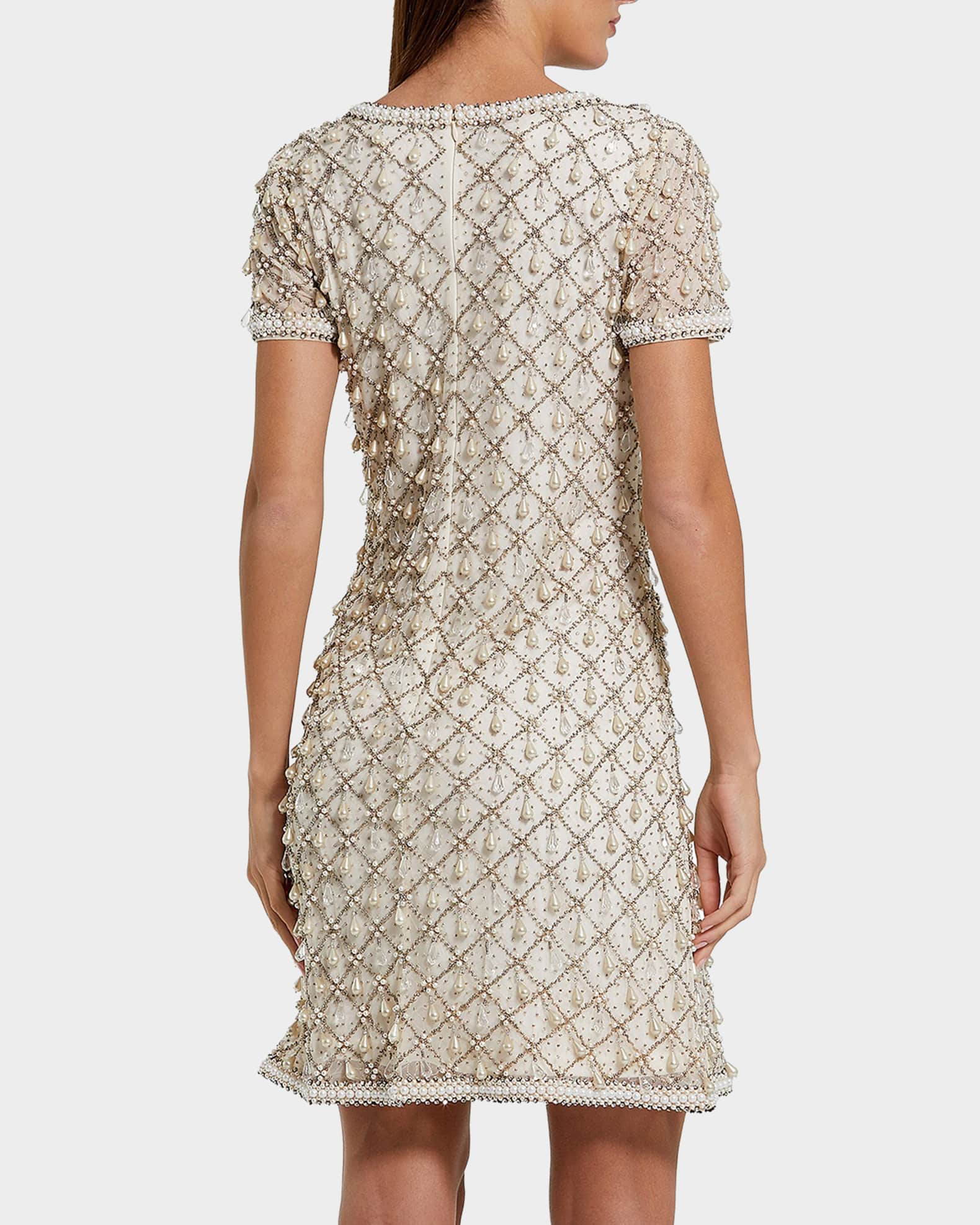 Mac Duggal Collection - Ivory Pearl Embellished Short Sleeve Mini Dress - Oyster / S