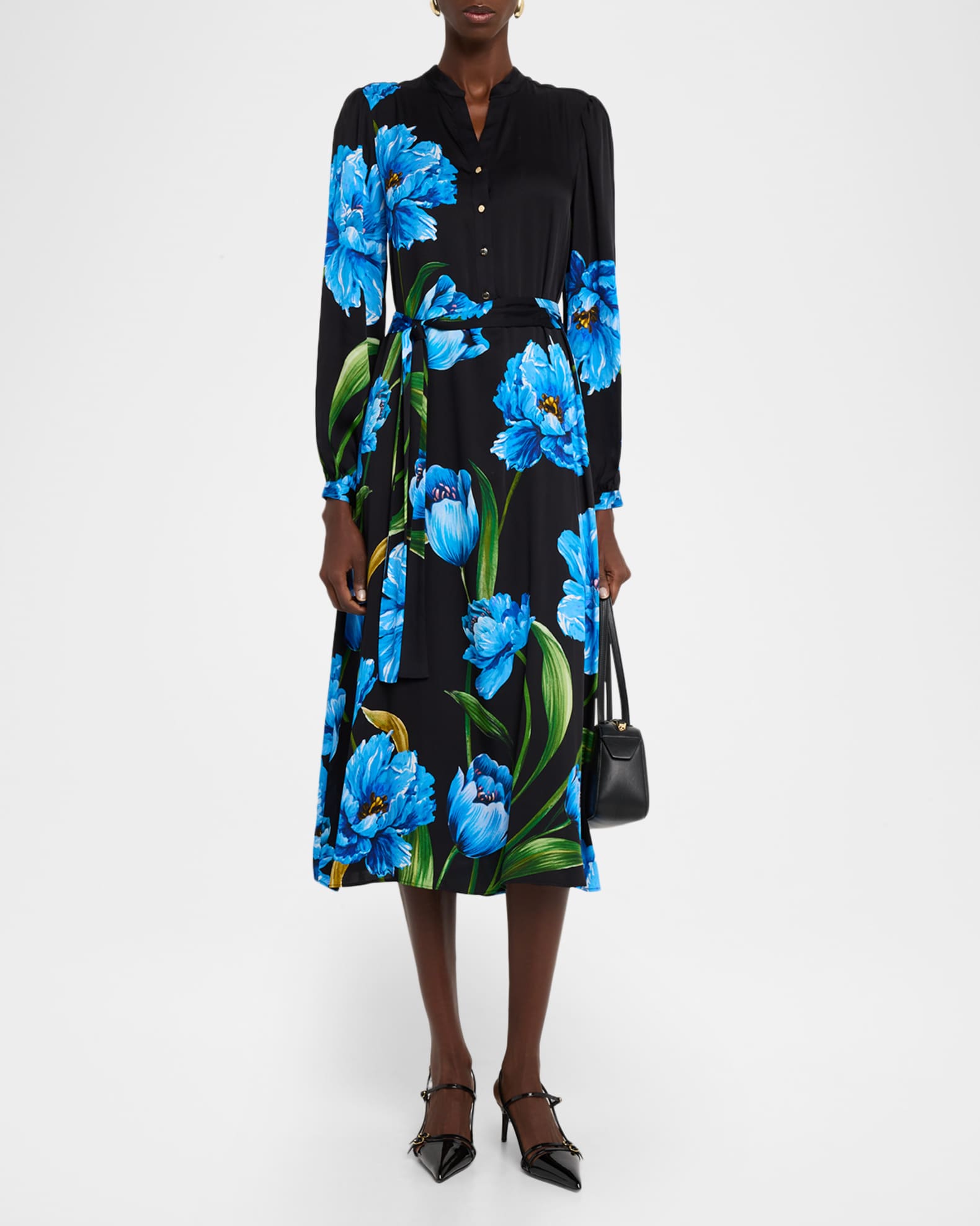Elie Tahari Mila Floral Silk-Blend Belted Midi-Shirtdress | Neiman Marcus