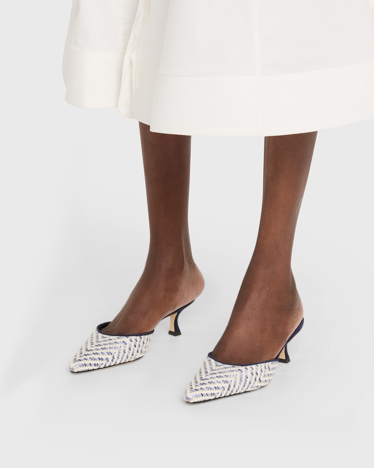 Manolo Blahnik Carolyne Metallic Woven Kitten-Heel Mules | Neiman