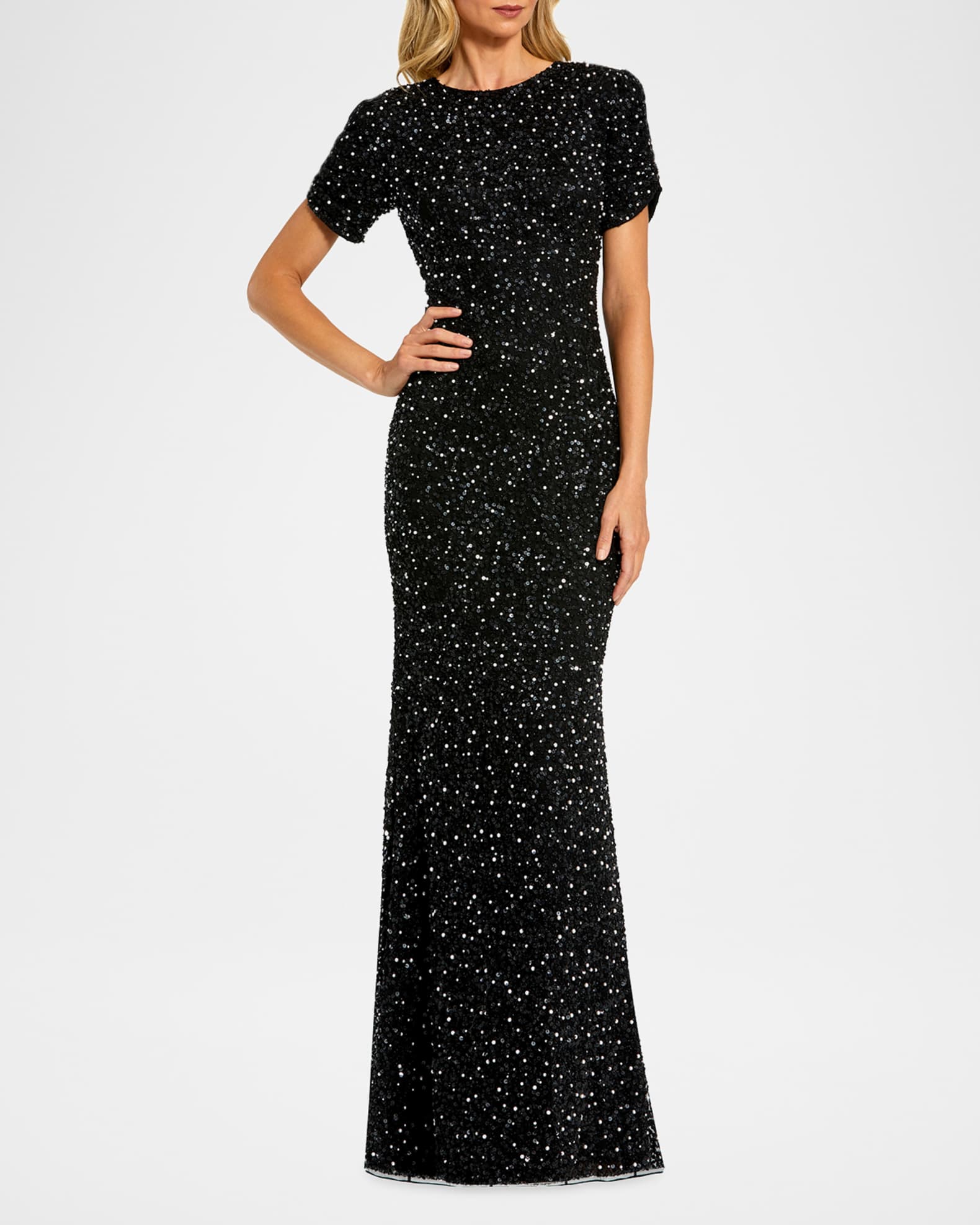 green emerald velvet dress Mac Duggal - Brown Embellished Long Sleeve Trapeze Dress with Ruffle Hem