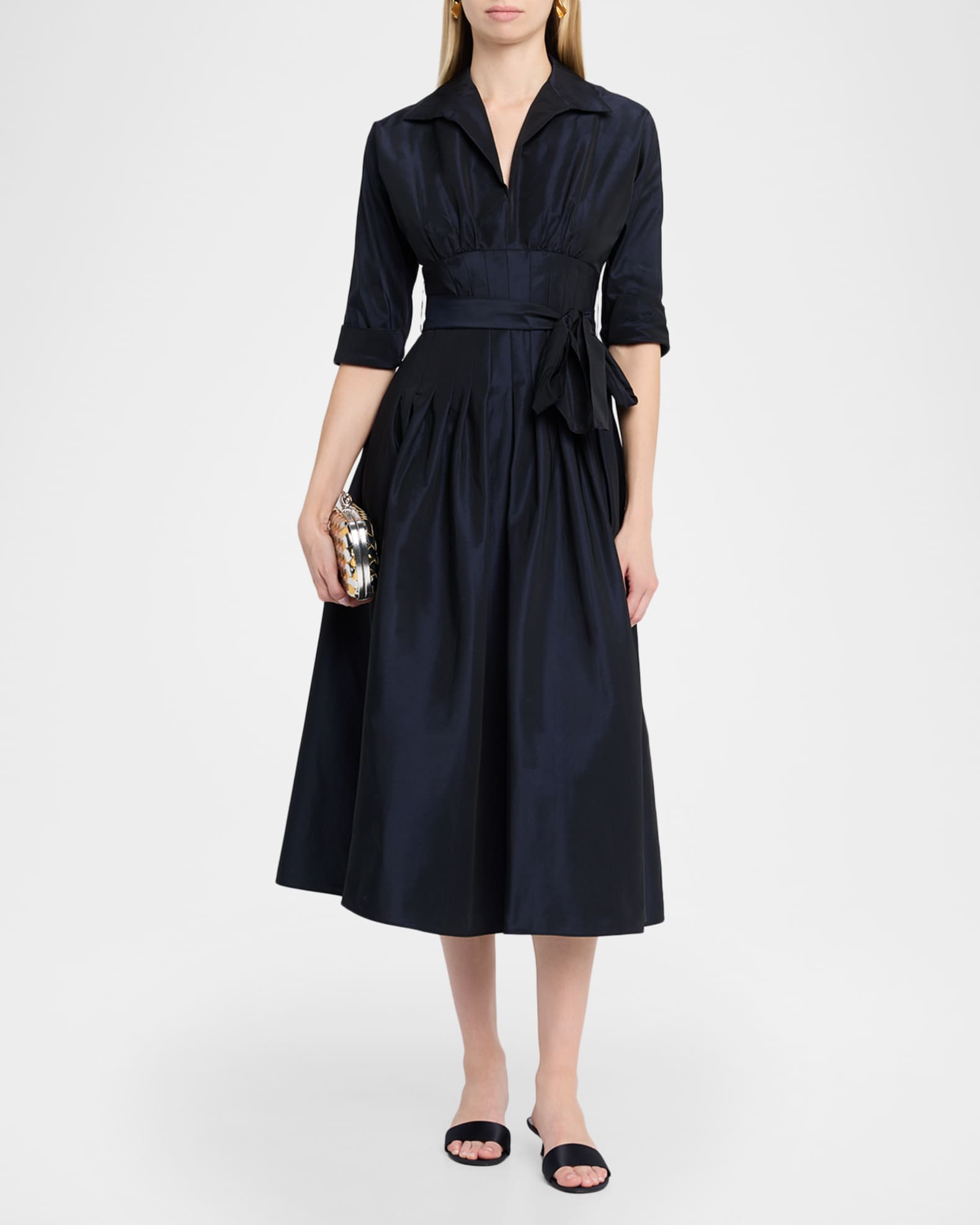 Rickie Freeman for Teri Jon Pleated A-Line Midi Dress | Neiman Marcus