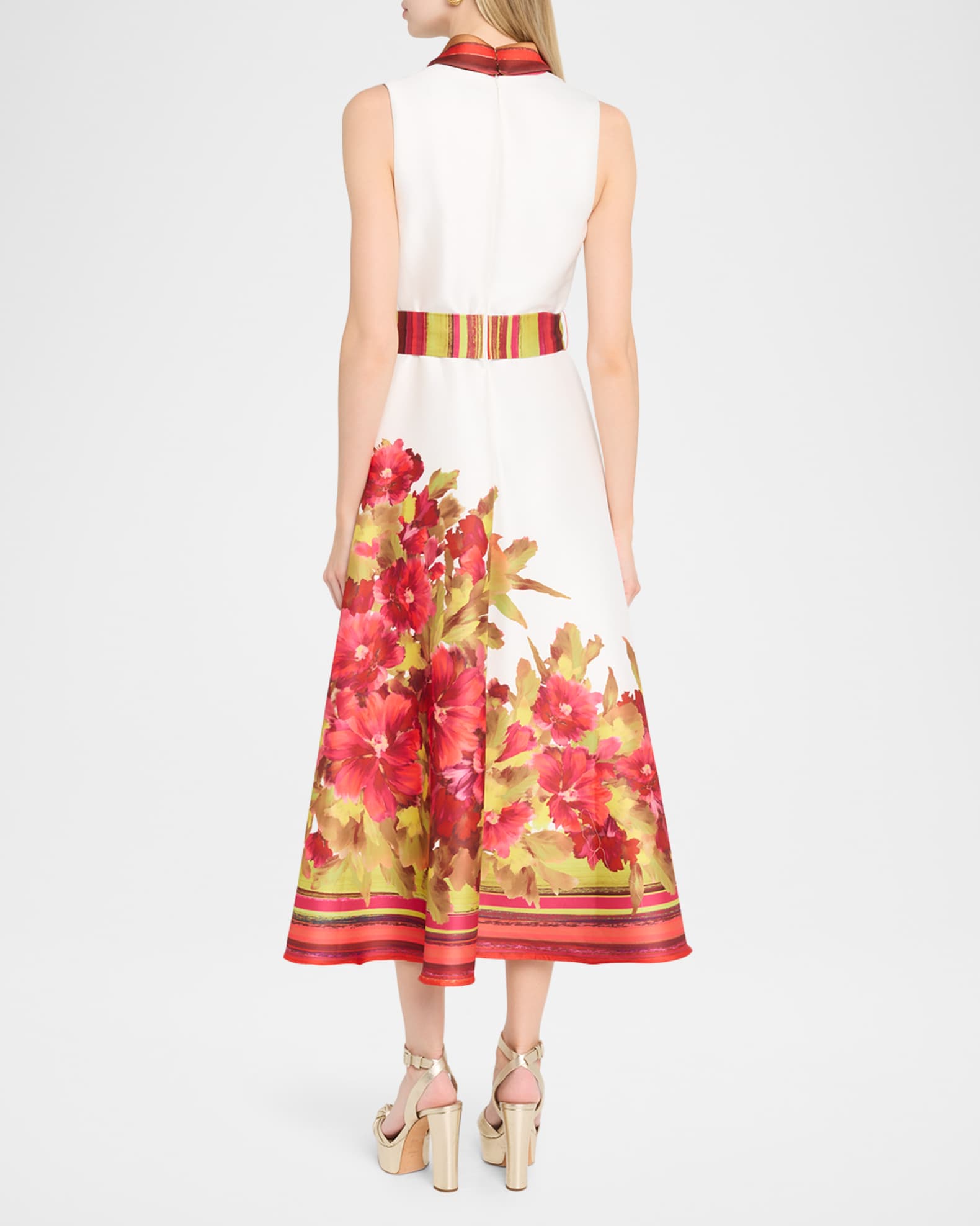 Badgley Mischka Sleeveless Floral-Print Mikado Midi Dress | Neiman Marcus