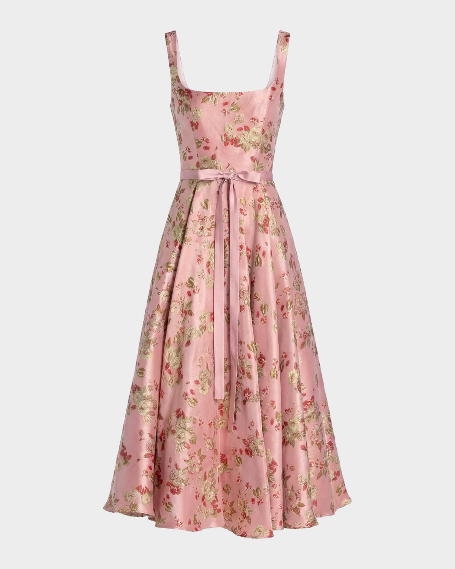 sleeveless brocade midi dress Blue Floral Brocade Sleeveless Midi Dress With Bow