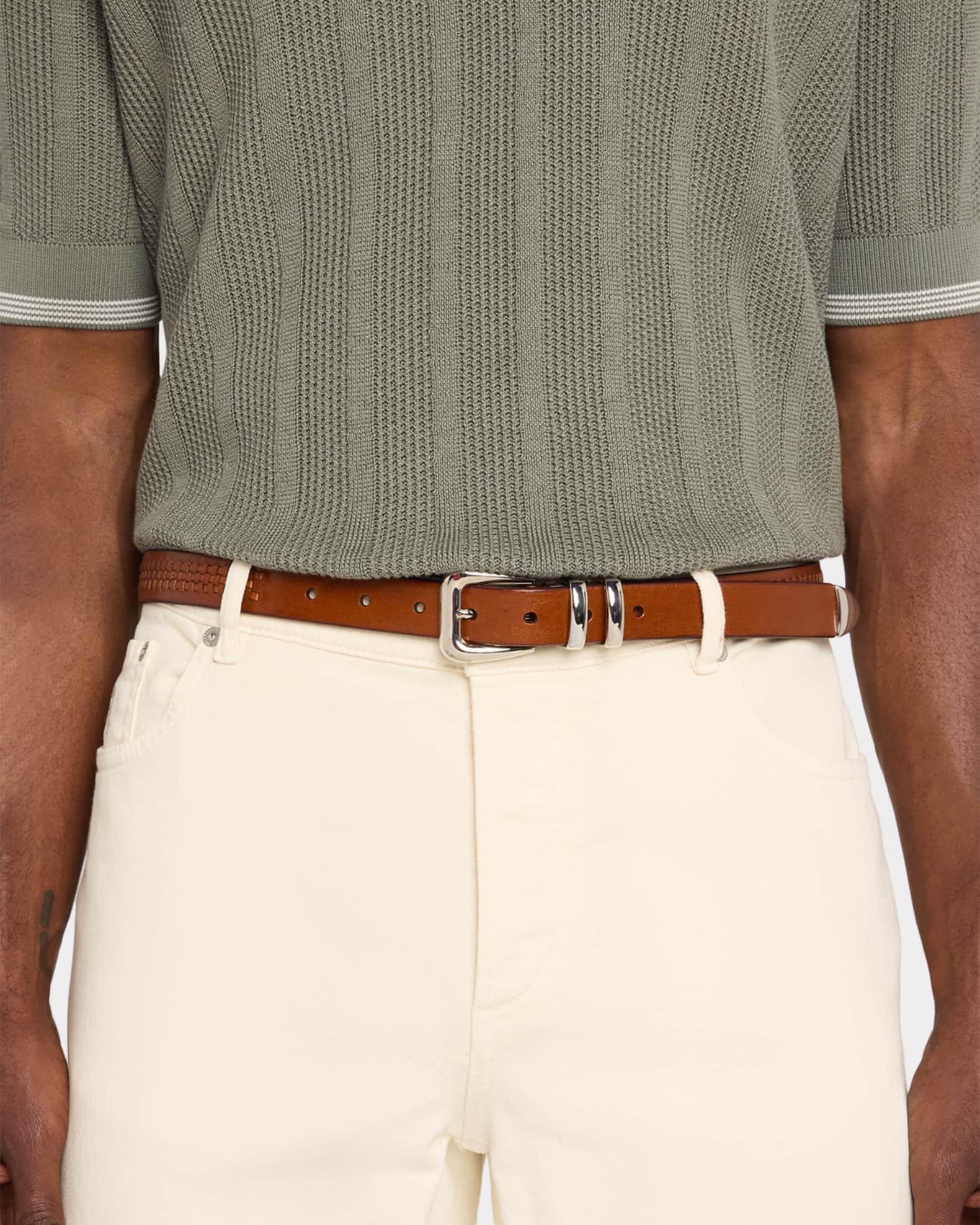Brunello Cucinelli Men's Woven Leather Western-Buckle Belt