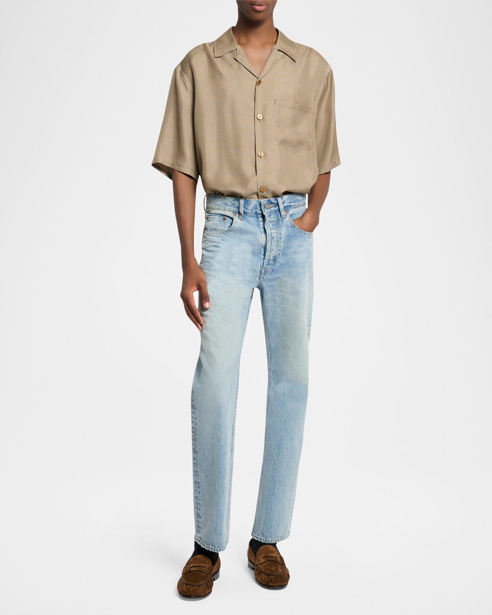 Saint Laurent Men's Silk Micro-Geometric Short-Sleeve Shirt