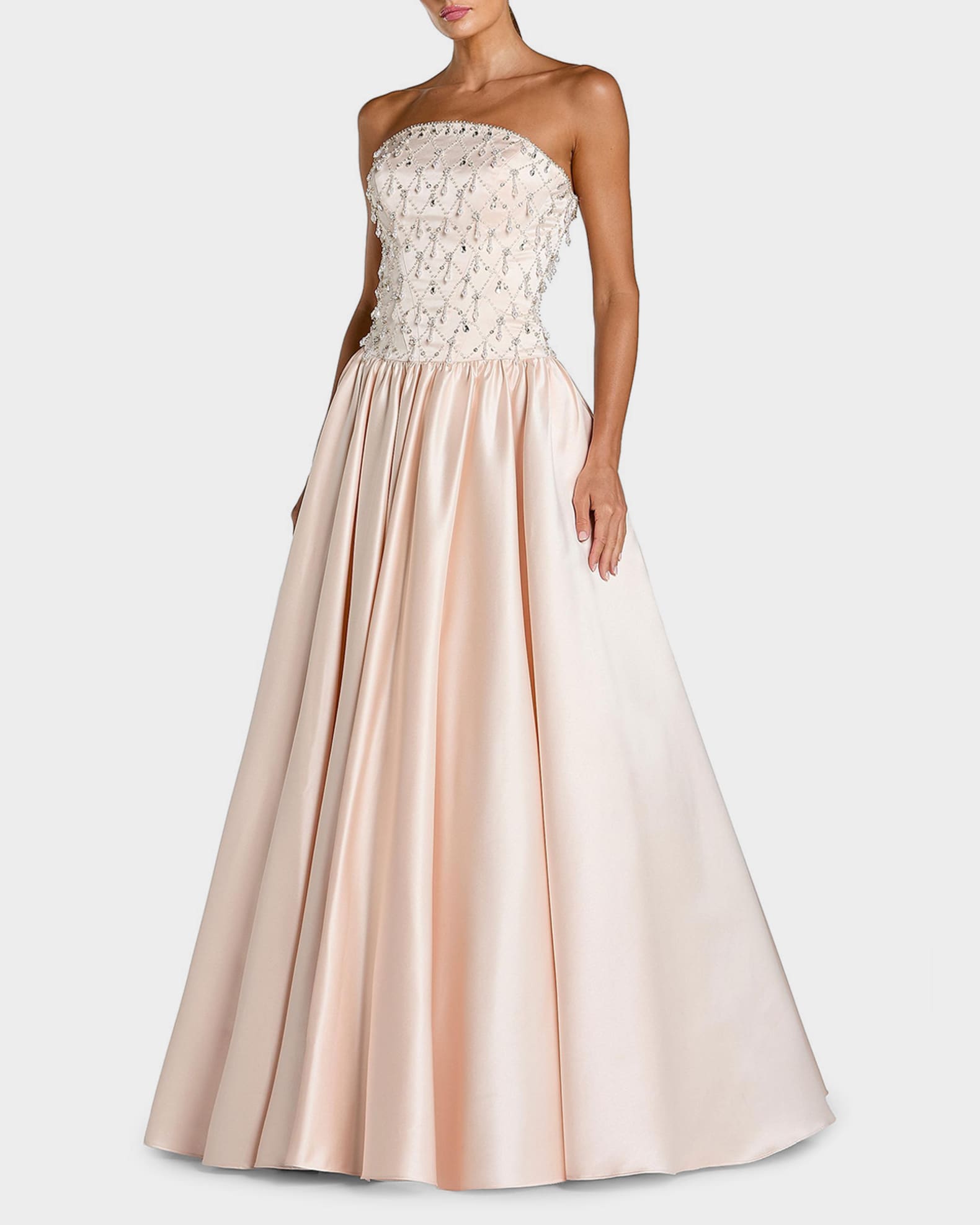 Mac Duggal Satin Pearl Beaded Dropwaist Strapless Ballgown - Porcelain