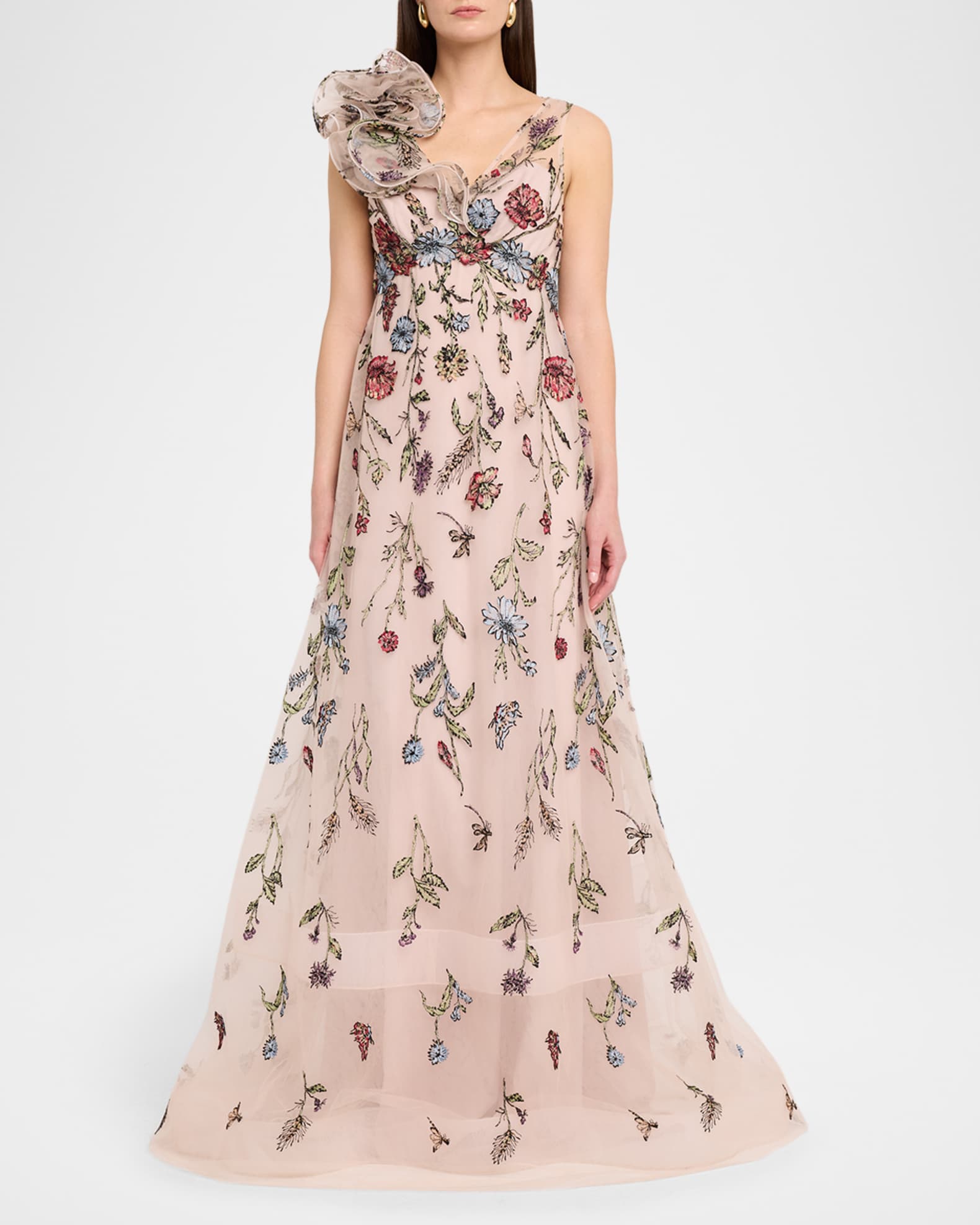 Rickie Freeman for Teri Jon Floral-Embroidered Tulle Gown | Neiman Marcus