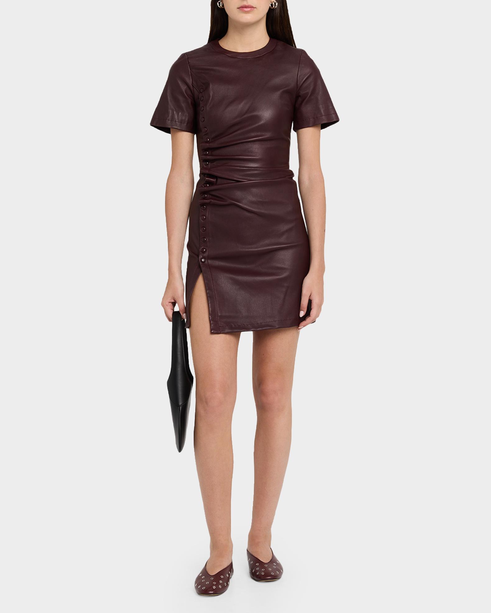 Rabanne Ruched Leather Short-Sleeve Mini Dress