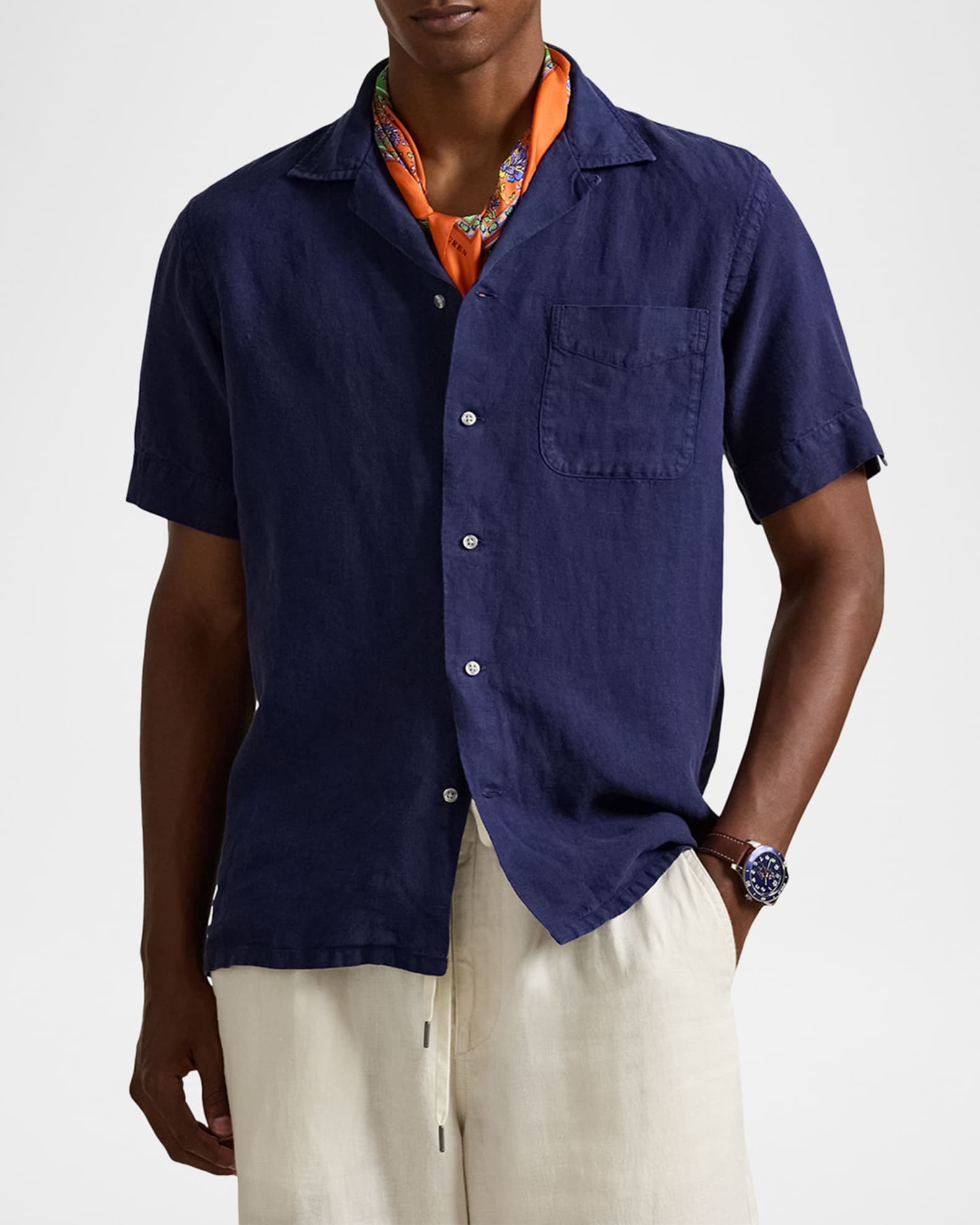 Polo Ralph Lauren Men's Slub Linen Camp Shirt | Neiman Marcus
