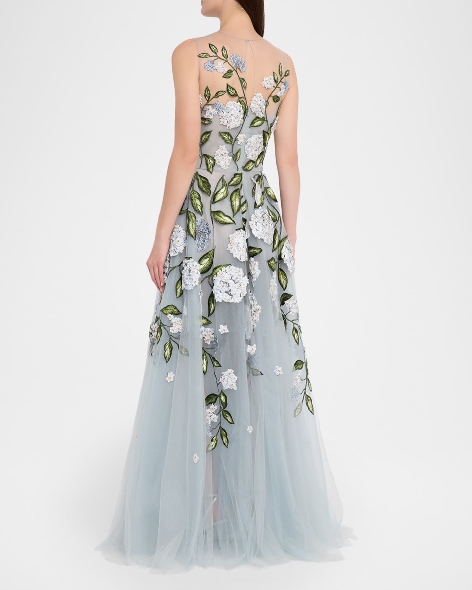 Oscar de la Renta Sleeveless Porcelain Flower Embroidered Tulle Gown |  Neiman Marcus