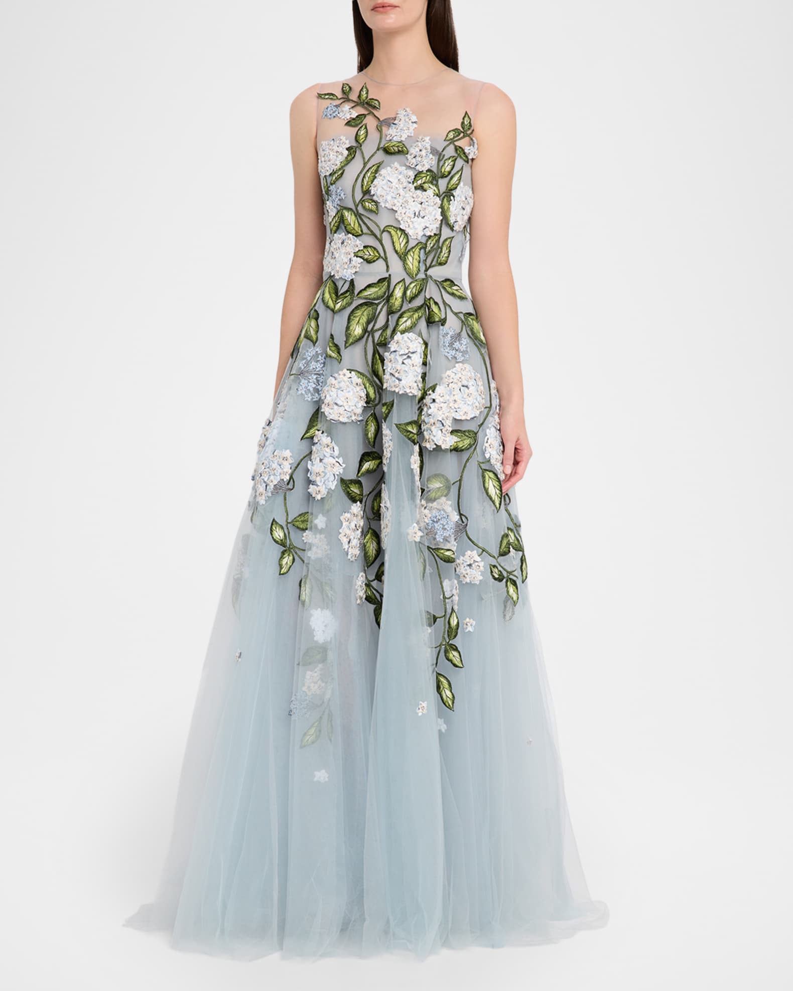Oscar de la Renta Sleeveless Porcelain Flower Embroidered Tulle Gown |  Neiman Marcus