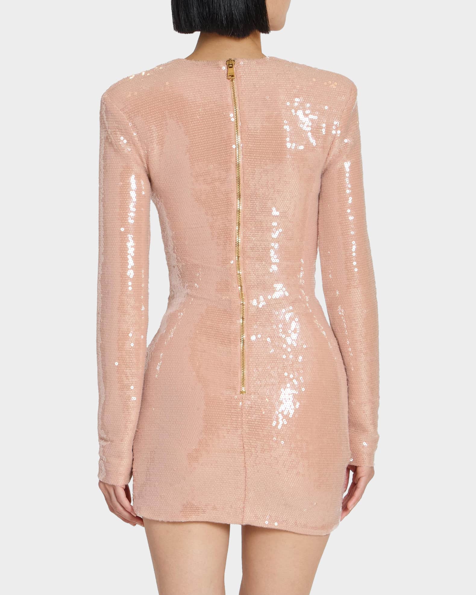 Balmain Sequined Long-Sleeve Draped Bodycon Mini Dress | Neiman Marcus