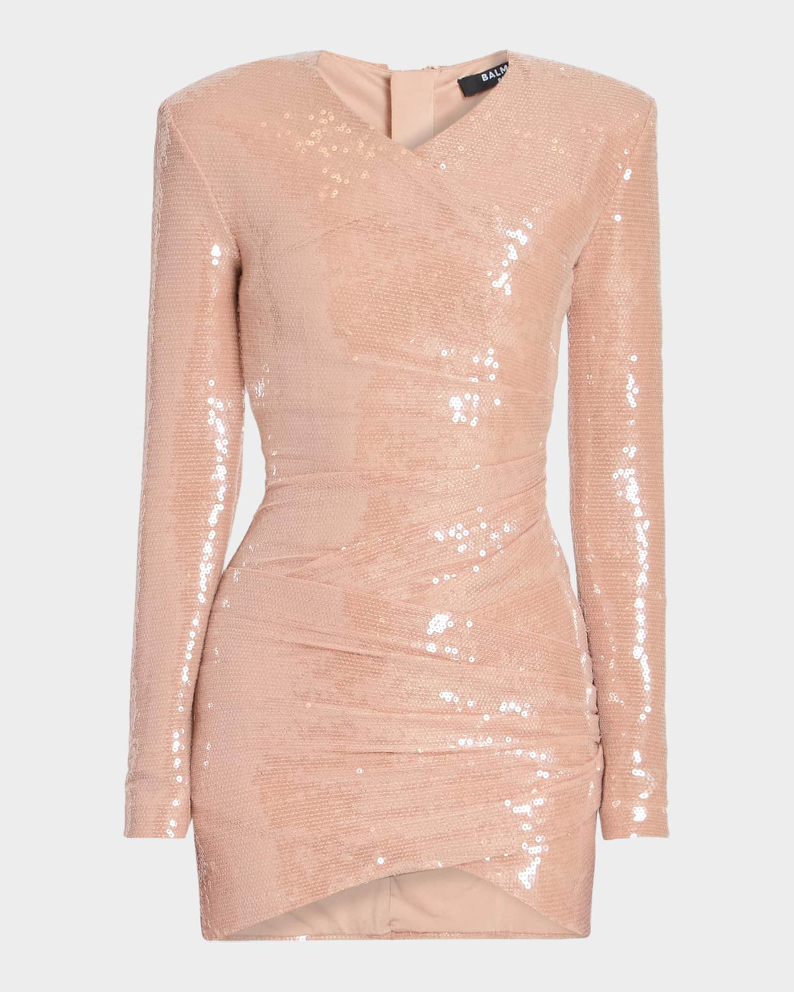 Balmain Sequined Long-Sleeve Draped Bodycon Mini Dress | Neiman Marcus