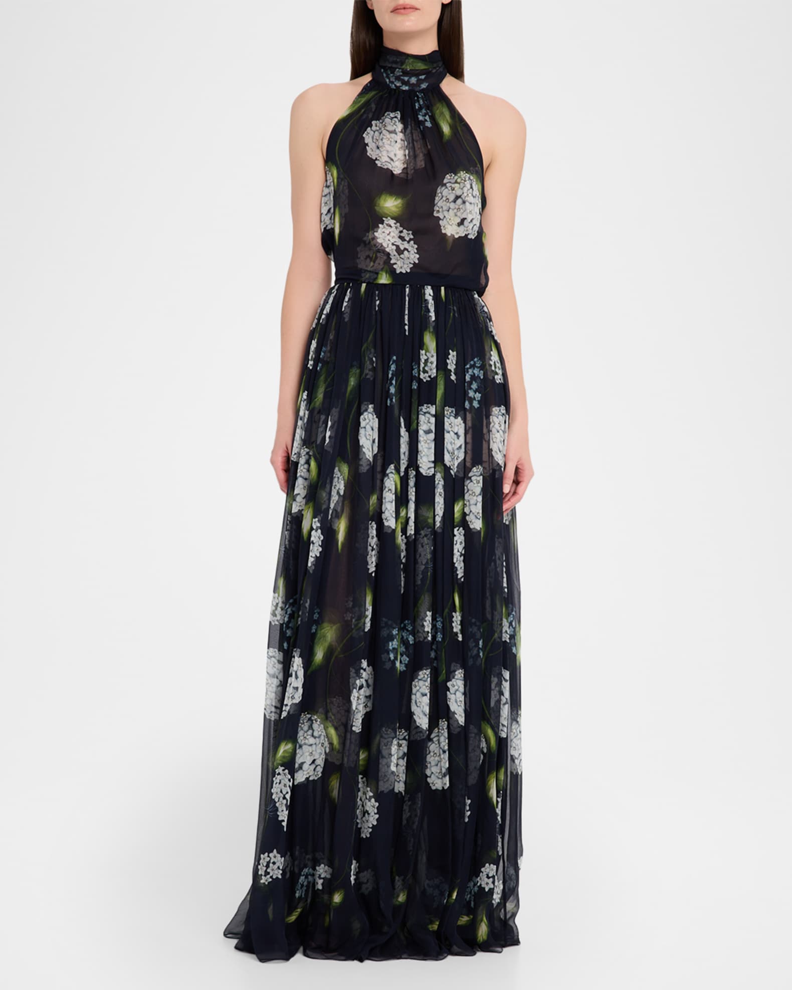 Oscar de la Renta Porcelain Flower Chiffon Halter Maxi Dress | Neiman Marcus