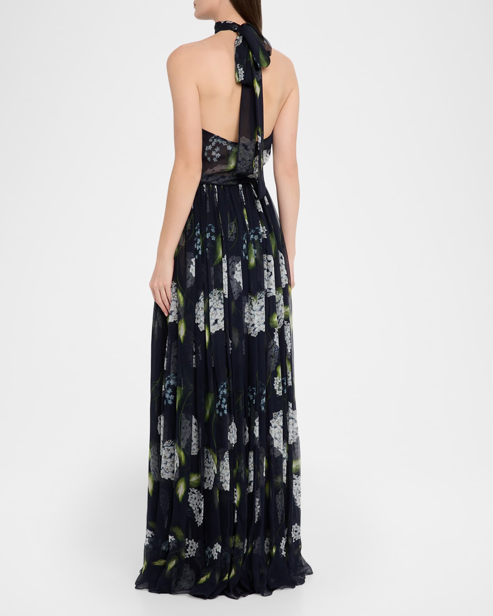 Oscar de la Renta Porcelain Flower Chiffon Halter Maxi Dress | Neiman Marcus