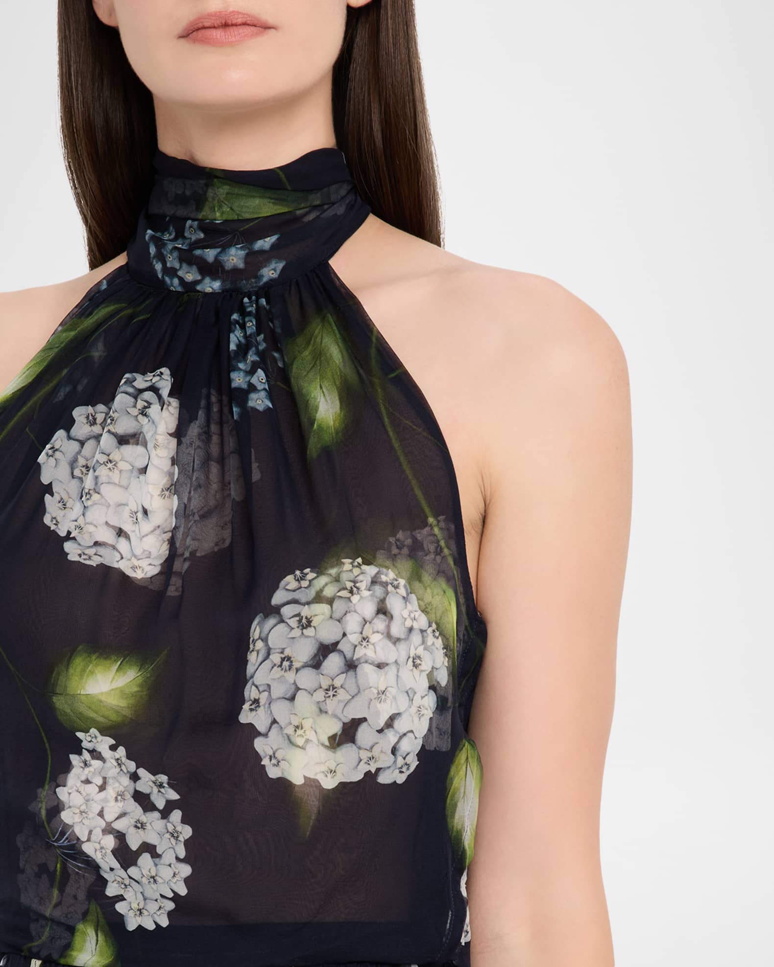 Oscar de la Renta Porcelain Flower Chiffon Halter Maxi Dress | Neiman Marcus